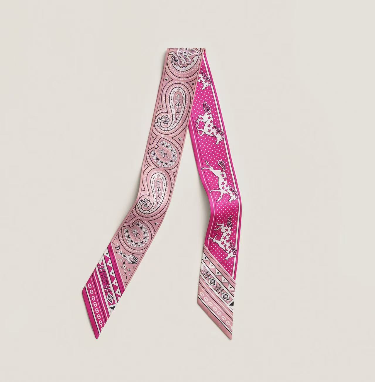 HERMÈS TWILLY CHEVAL DE COEUR BANDANA FUCHSIA VIEUX ROSE & BLANC