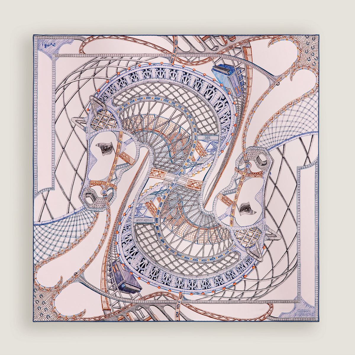 HERMÈS SCARF90X90 CHEVAUX D'HEPHAISTOS ROSE NACRE/BLEU/CUIR