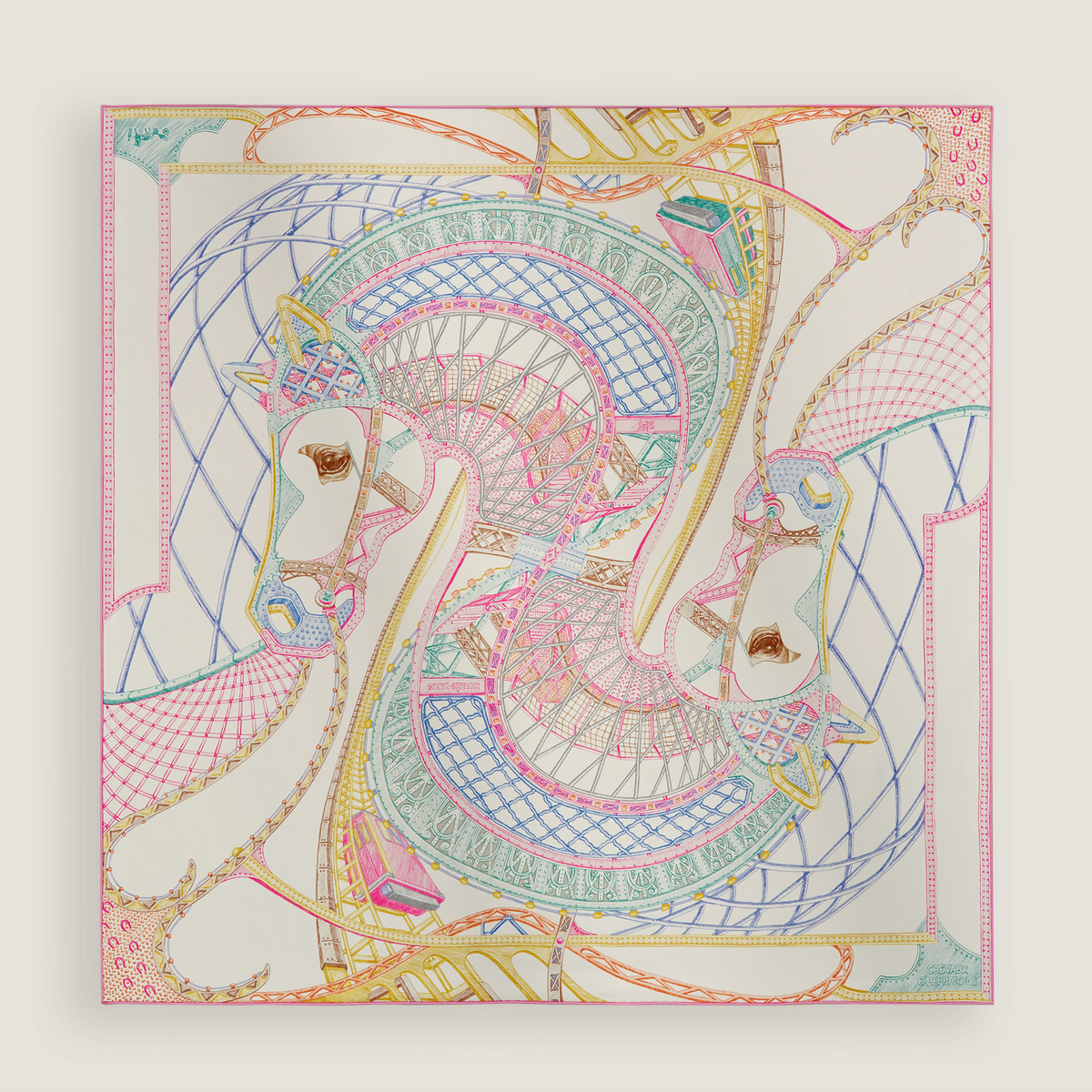 HERMÈS SCARF90X90 CHEVAUX D'HEPHAOSTOS IVOIRE/ROSE/VERTC
