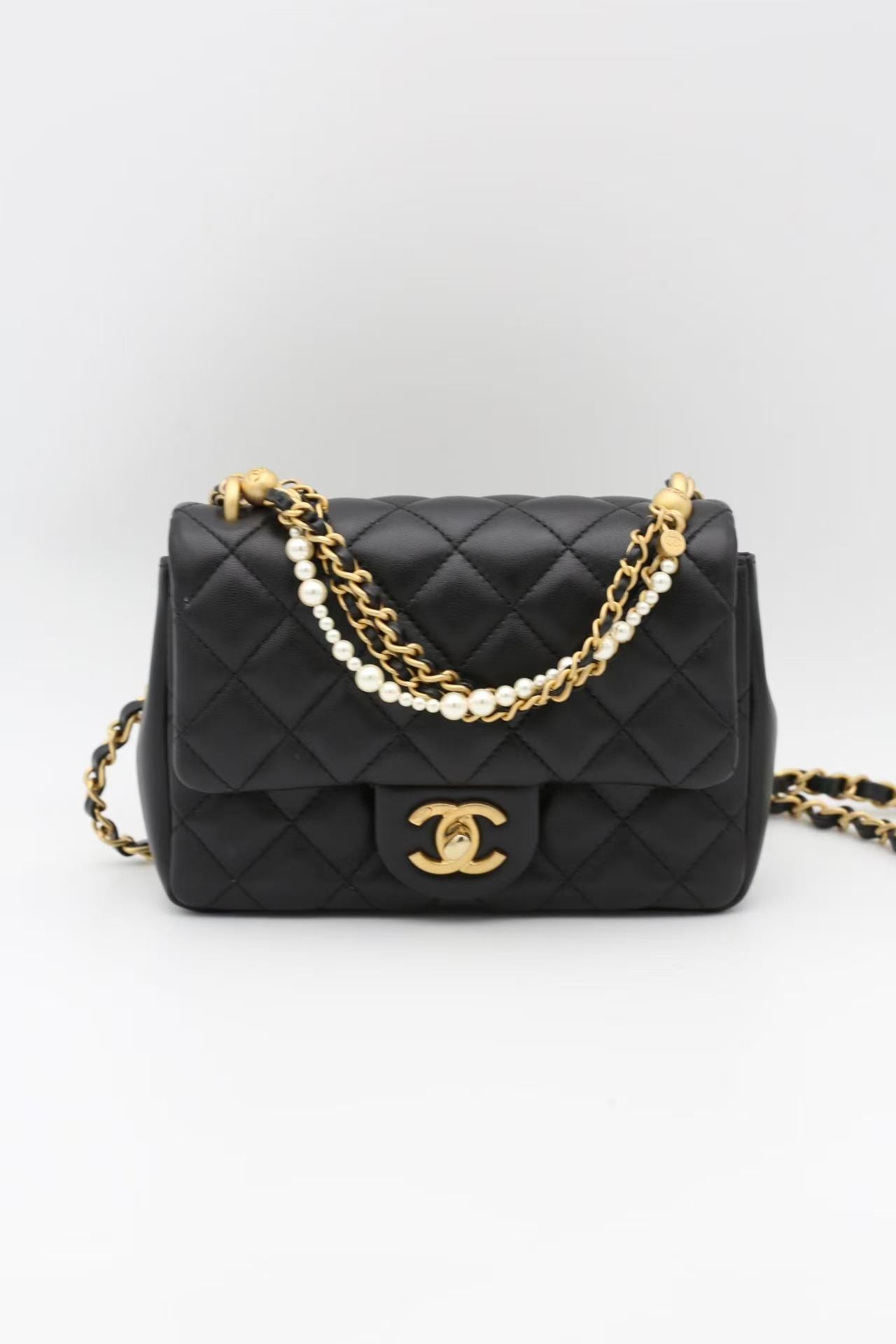 CHANEL MINI SQUARE FLAP BAG PEARL BLACK GOLD HARDWARE