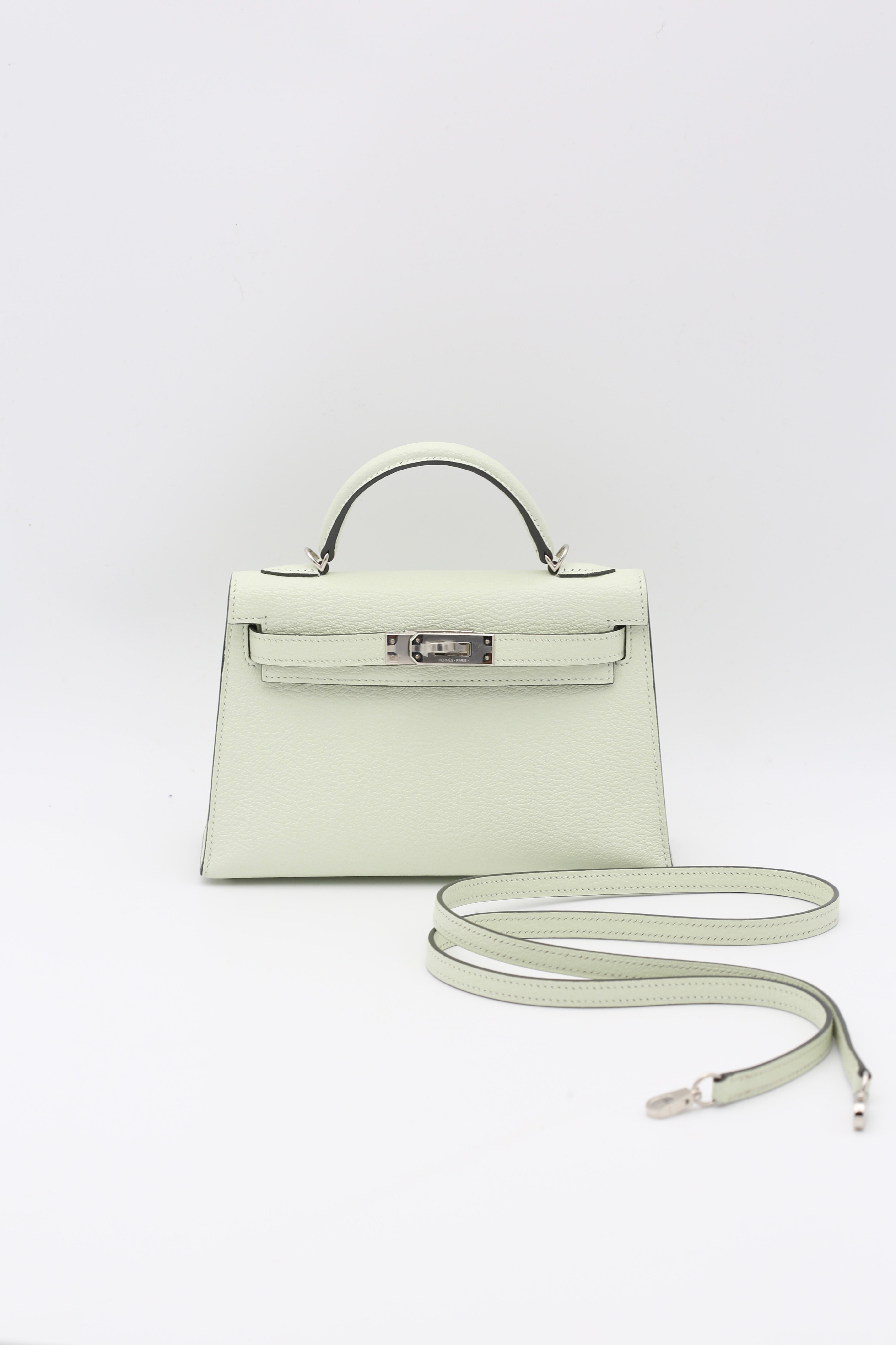 MINI KELLY II VERT FIZZ CHEVRE SILVER HARDWARE B STAMP