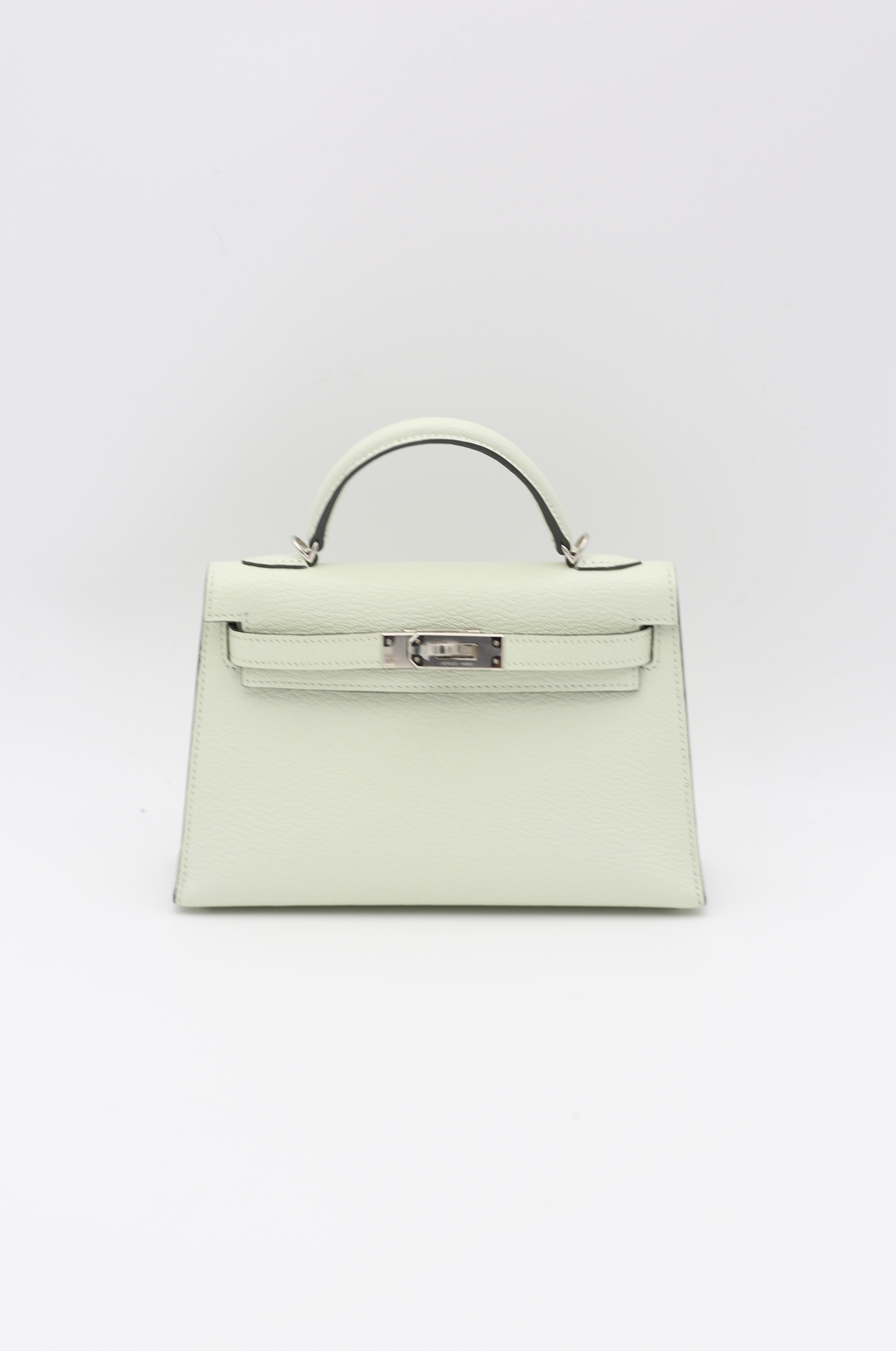 MINI KELLY II VERT FIZZ CHEVRE SILVER HARDWARE B STAMP