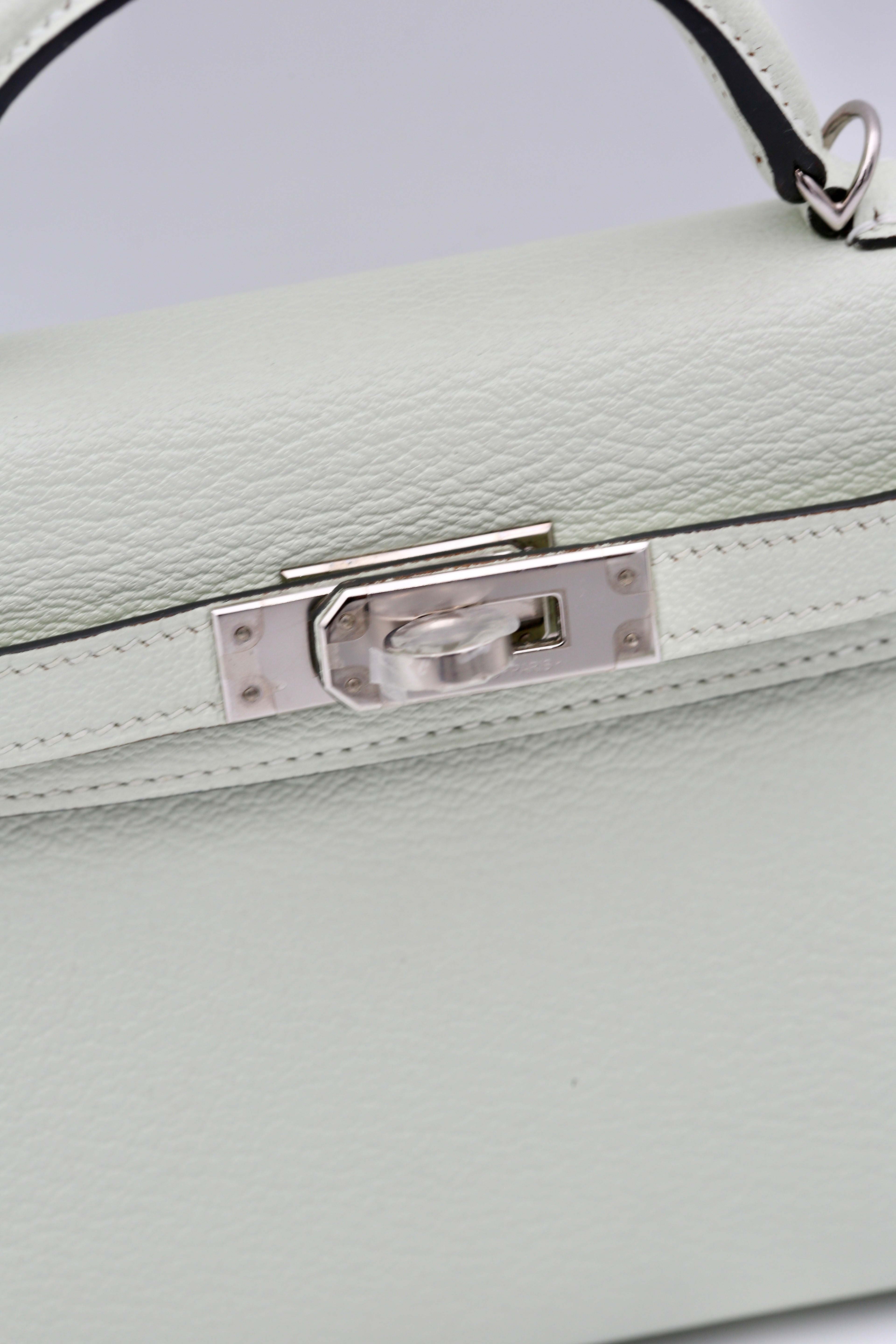 MINI KELLY II VERT FIZZ CHEVRE SILVER HARDWARE B STAMP