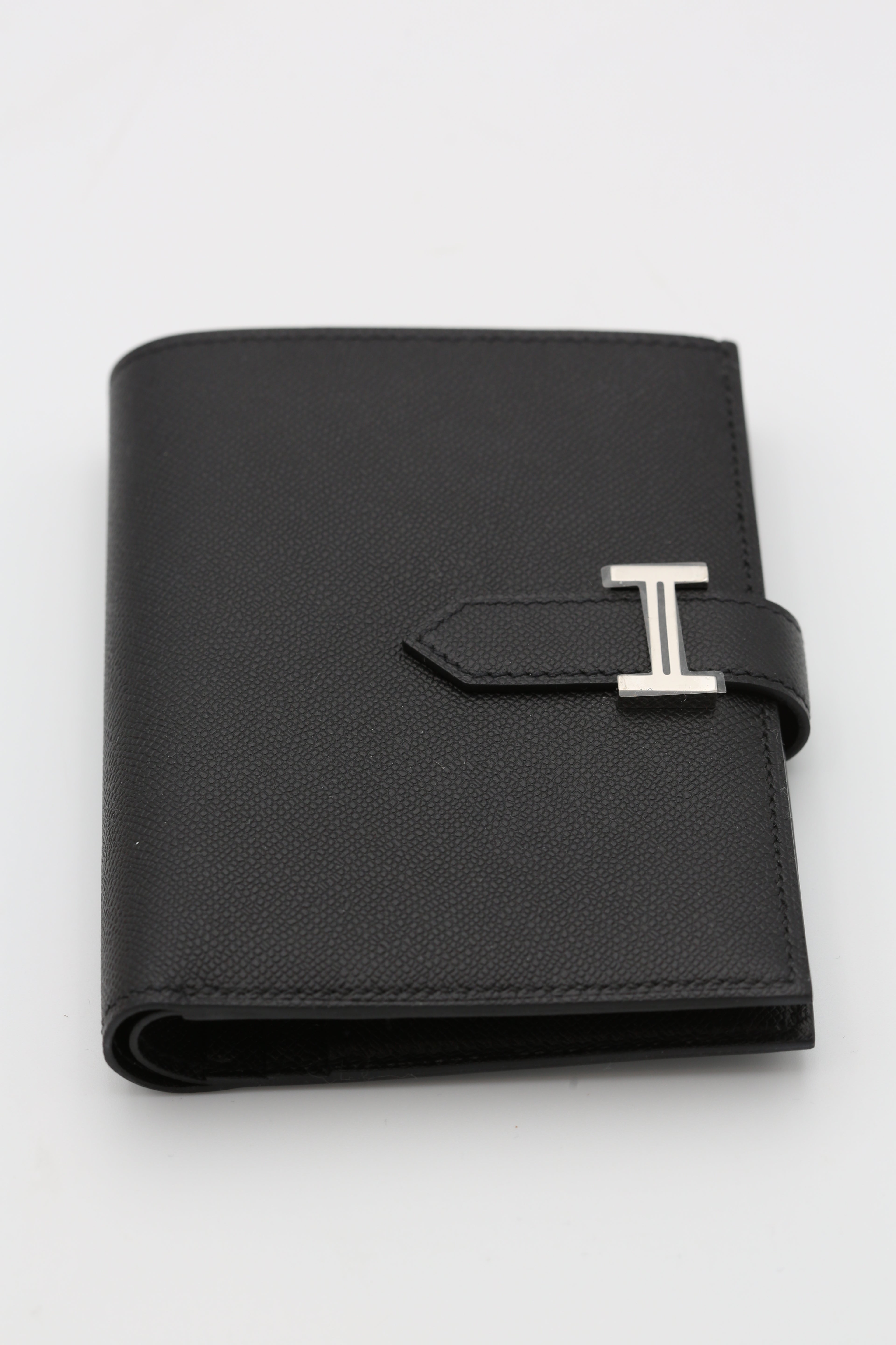HERMÈS BEARN COMPACT WALLET BLACK EPSOM SILVER HARDWARE