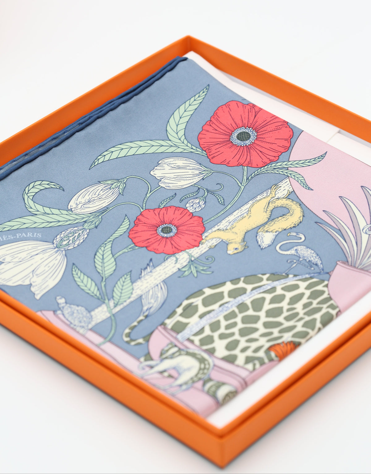 HERMÈS SCARF 45X45 CAVROCHE TWILL PRECIOUS PARADISE DET AL/BLEU GROS/VIEUX R0
