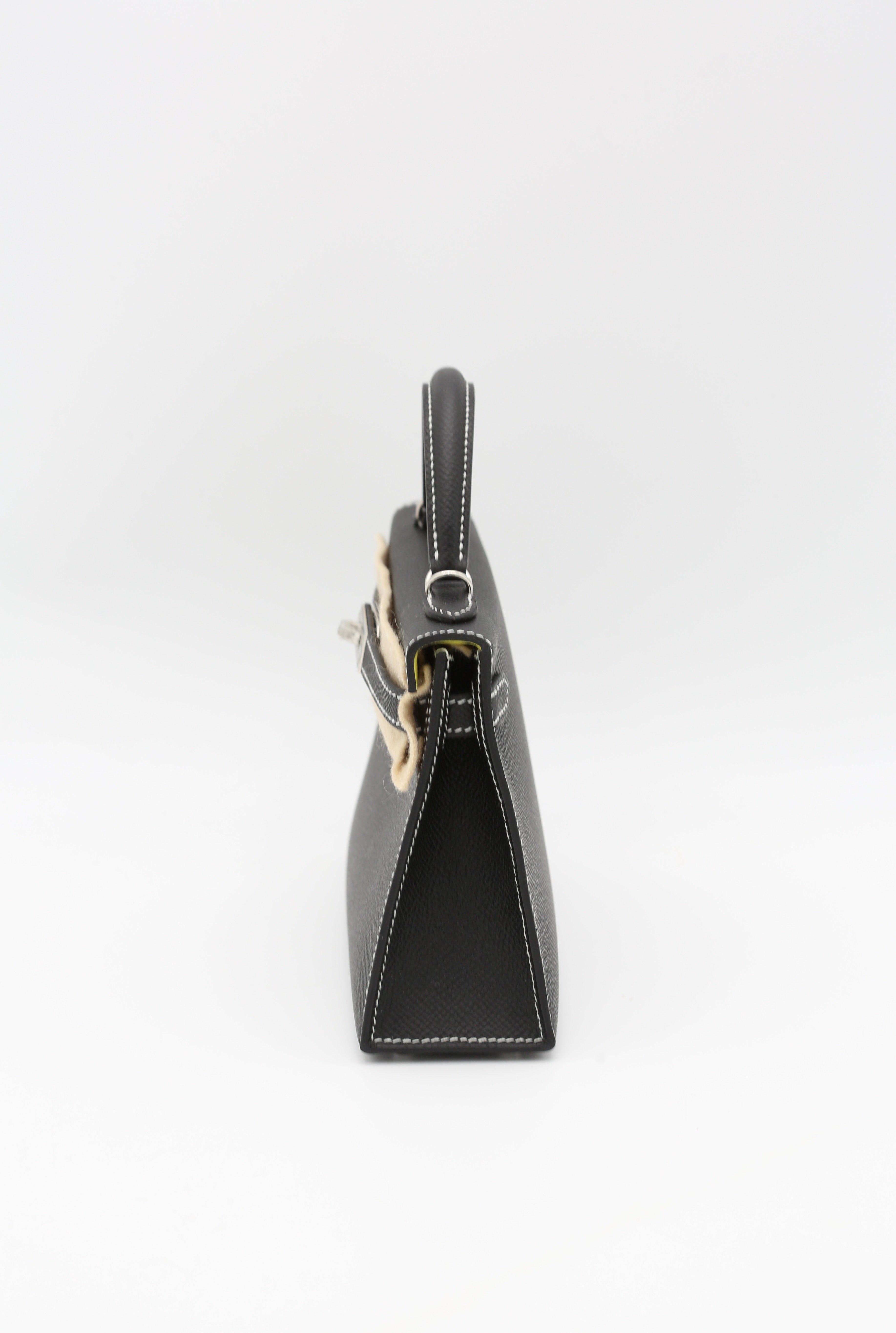 HERMÈS MINI KELLY II BLACK EPSOM LIME INTERIOR SILVER HARDWARE G STAMP