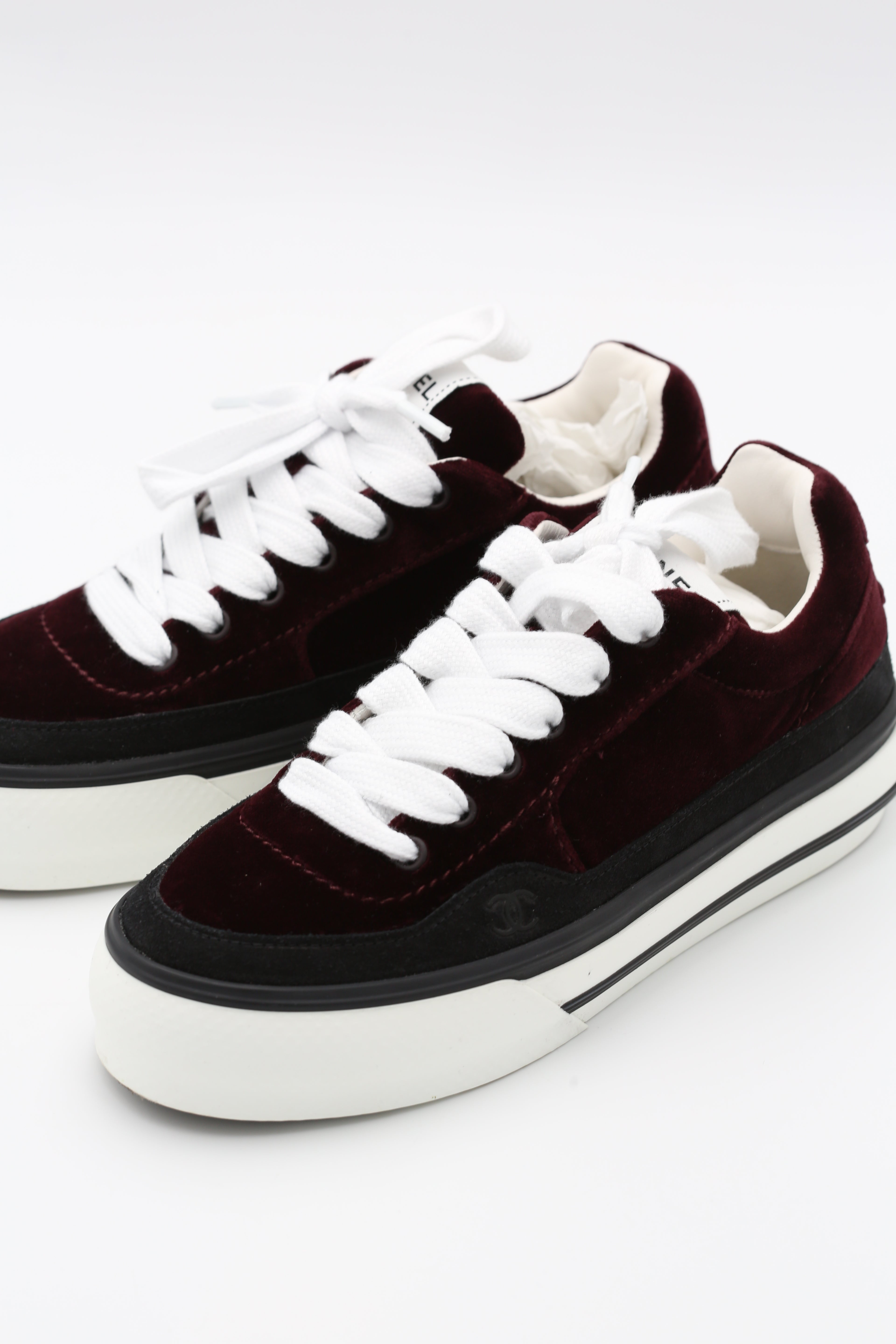 CHANEL 23B SNEAKERS VELVET CALFSKIN BURGUNDY/BLACK SIZE 36