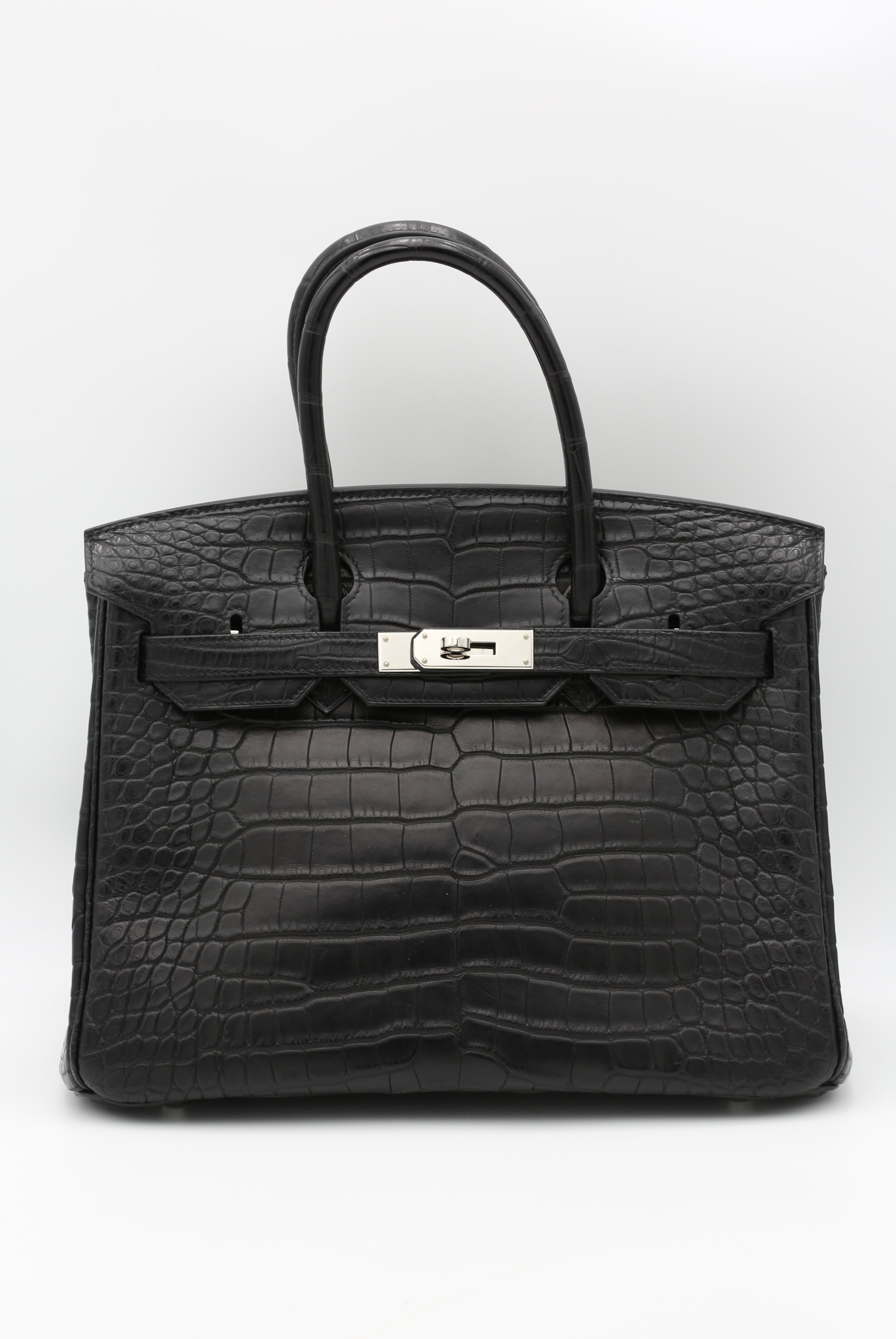 HERMÈS BIRKIN30 NOIR MATTE ALLIGATOR SILVER HARDWARE SQUARE O STAMP