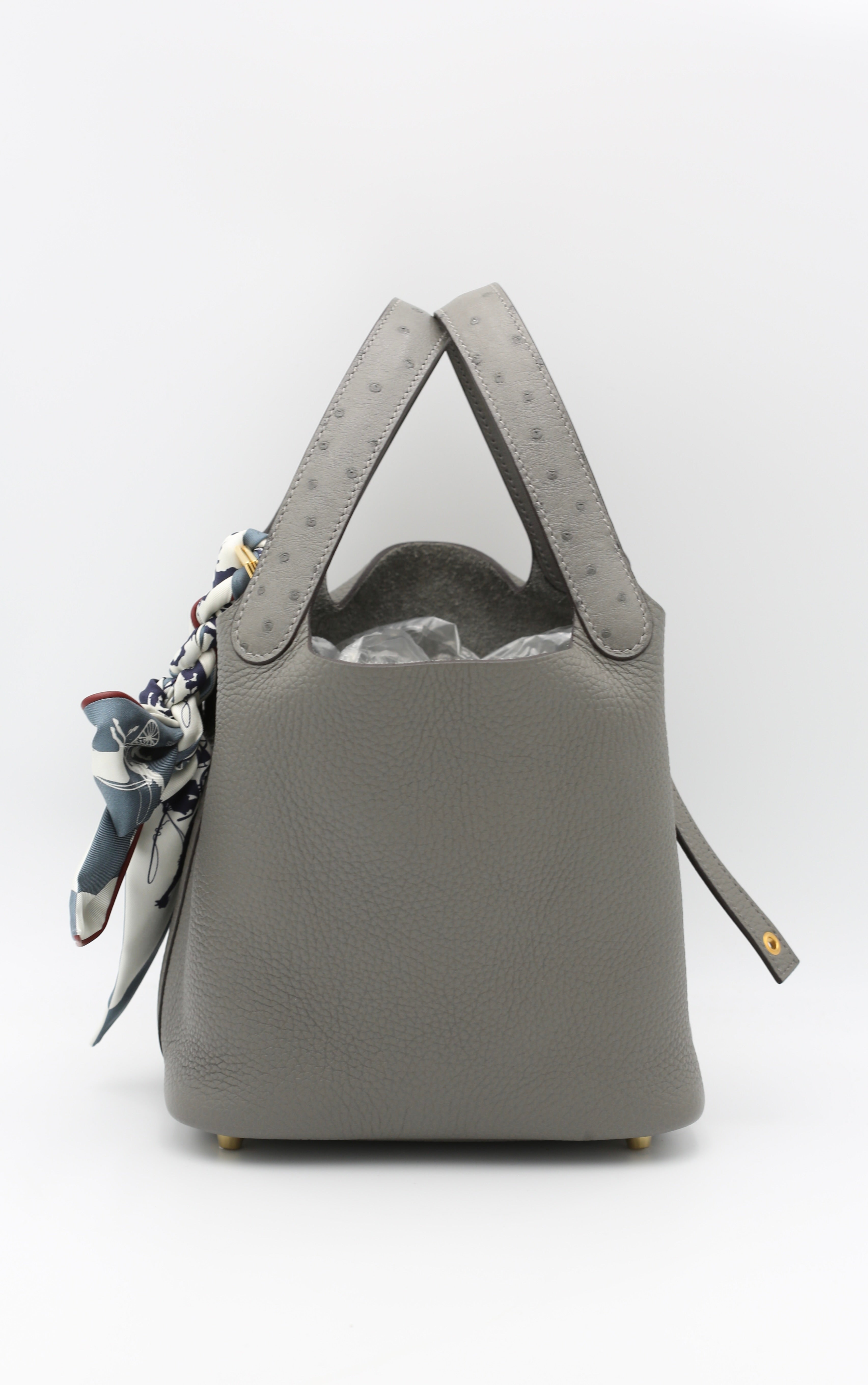 HERMÈS PICOTIN18 0L GRIS MEYER TAURILLON CLEMENCE OSTRICH HANDLE GOLD HARDWARE U STAMP