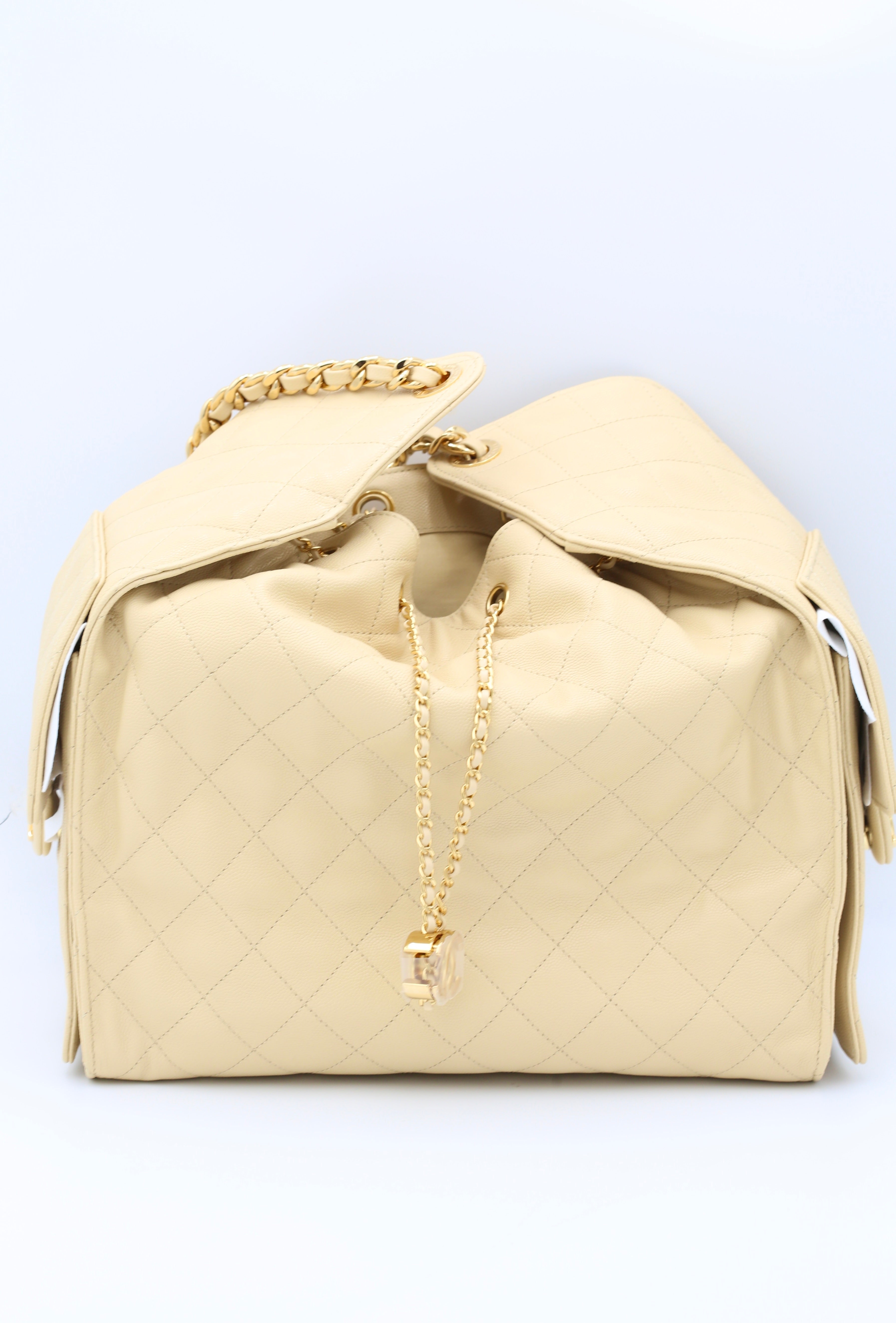 CHANEL 25 BAG MEDIUM BEIGE GOLD METAL