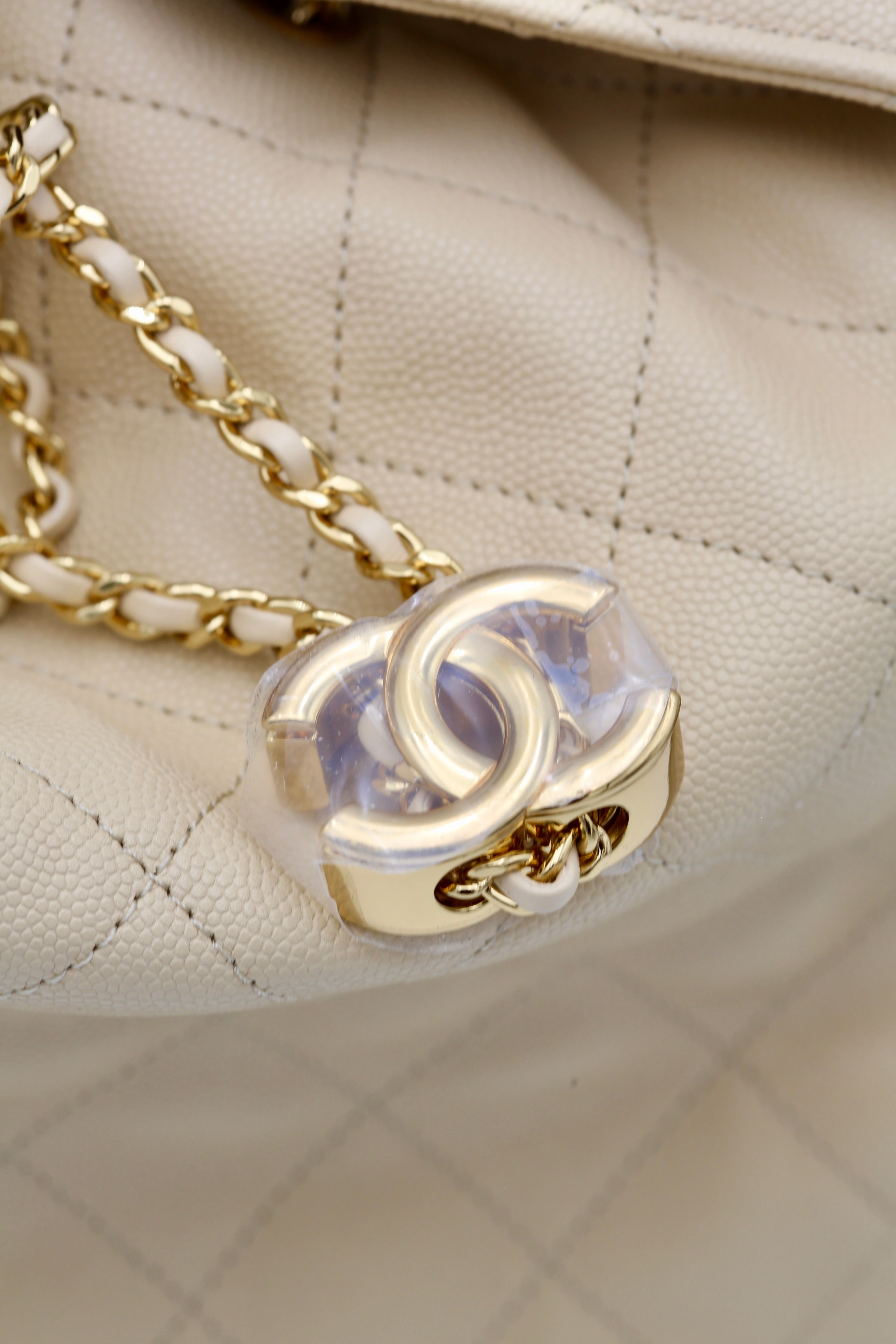 CHANEL 25 BAG MEDIUM BEIGE GOLD METAL