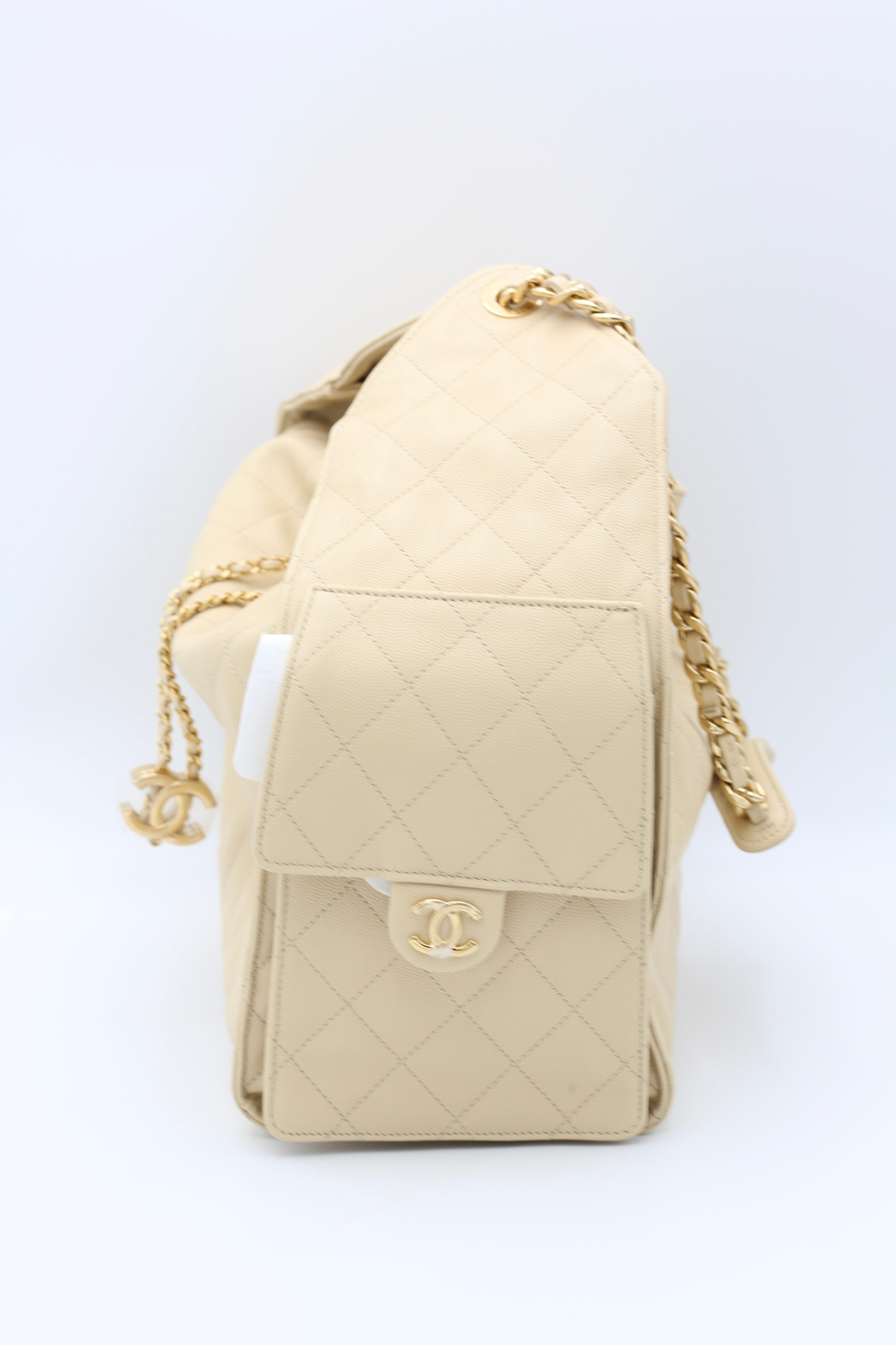 CHANEL 25 BAG MEDIUM BEIGE GOLD METAL