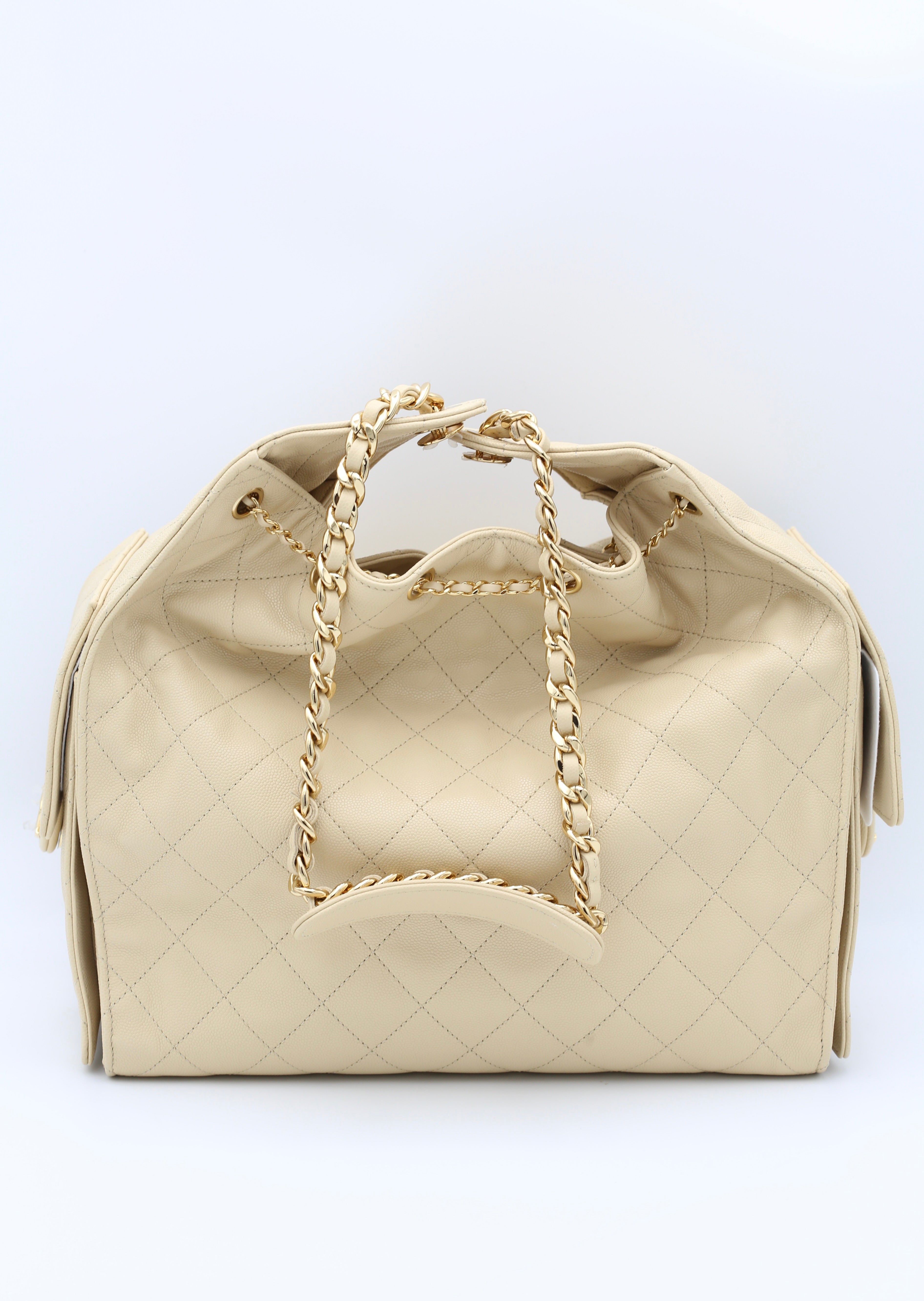 CHANEL 25 BAG MEDIUM BEIGE GOLD METAL
