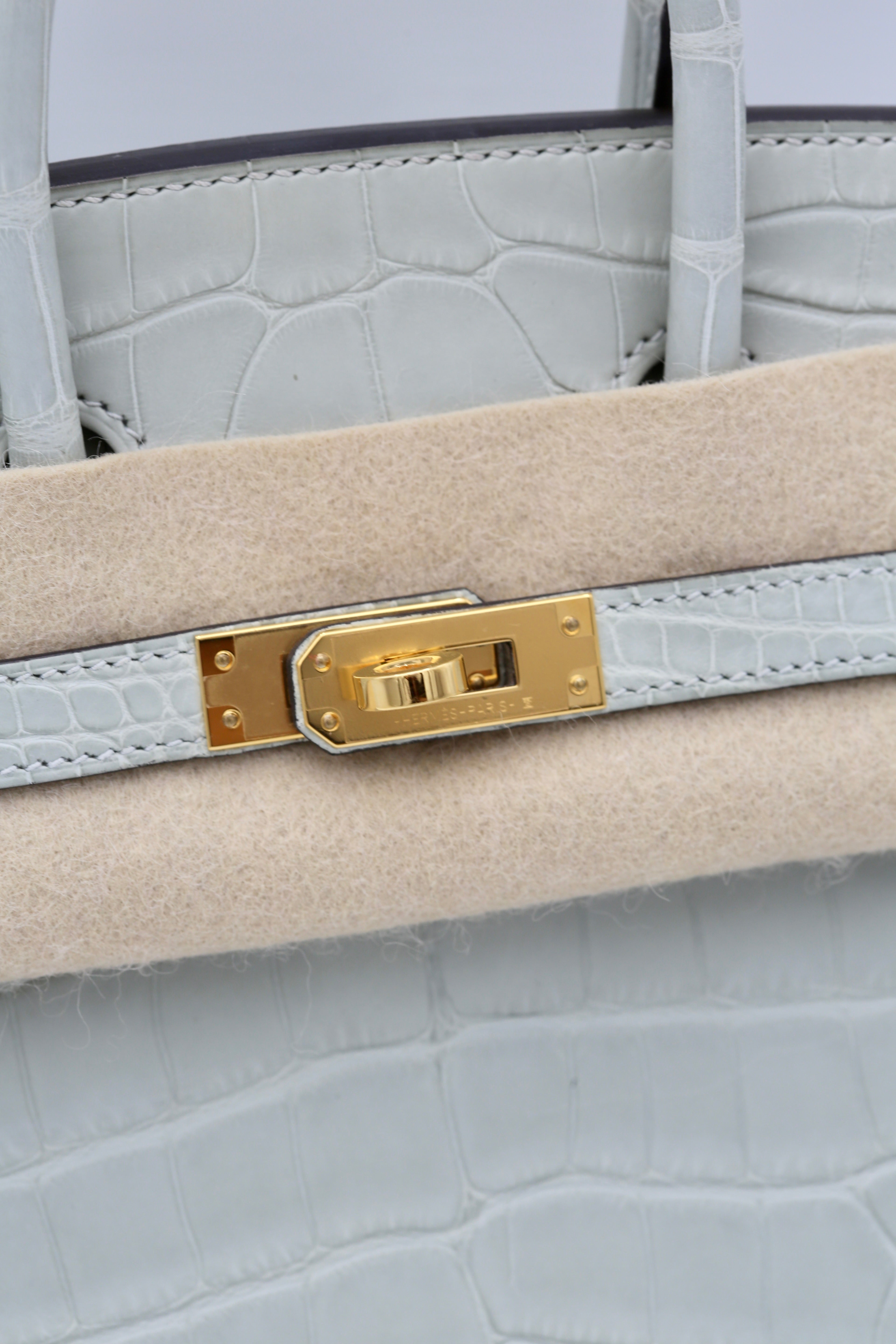 HERMÈS BIRKIN25 GRIS NEVE MATTE ALLIGATOR MISSI GOLD HARDWARE K STAMP