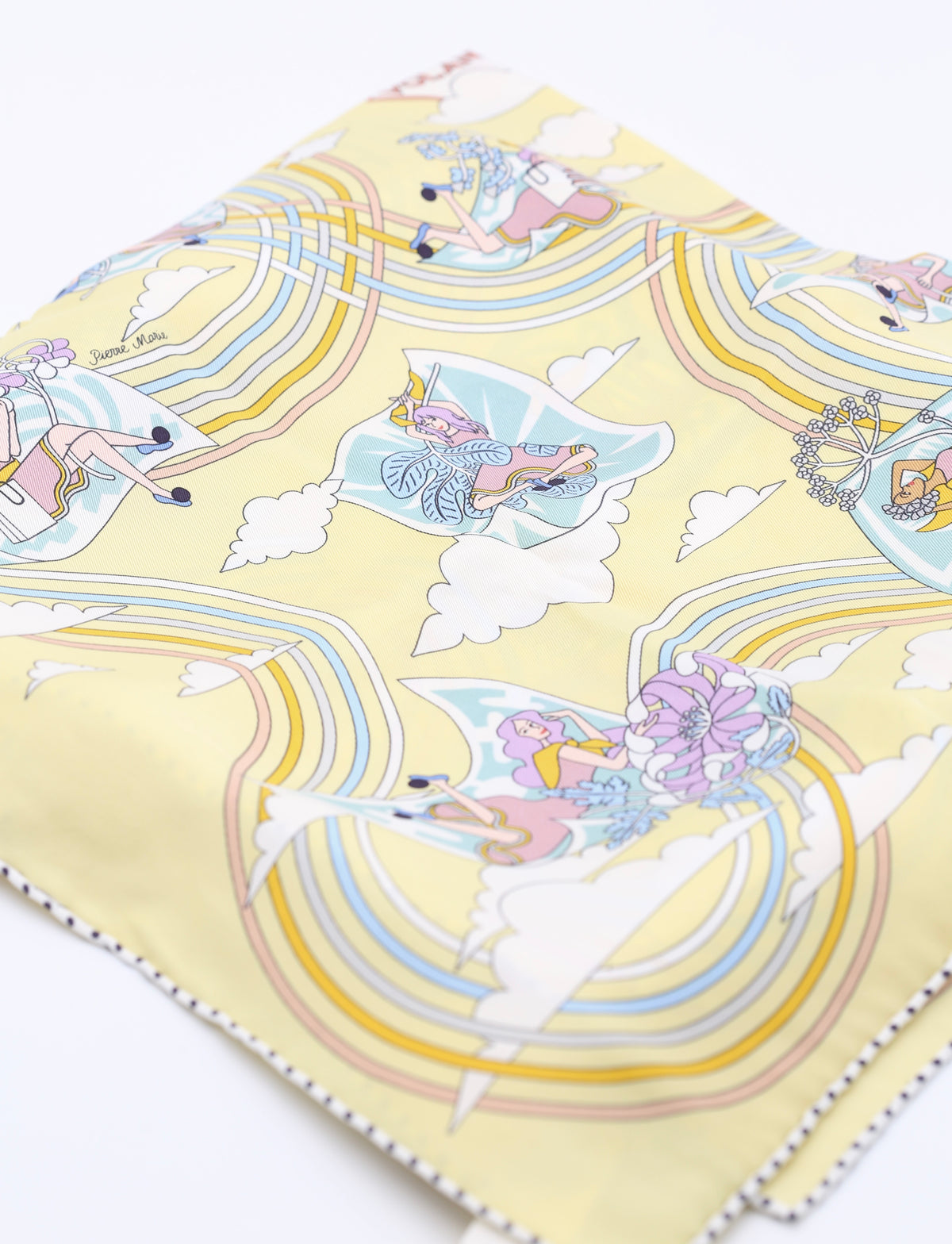 HERMÈS SCARF 70X70 CARRE SOIE VINTAGE CARRES VOLANTS JAUNE/SOUFRE/AQUA