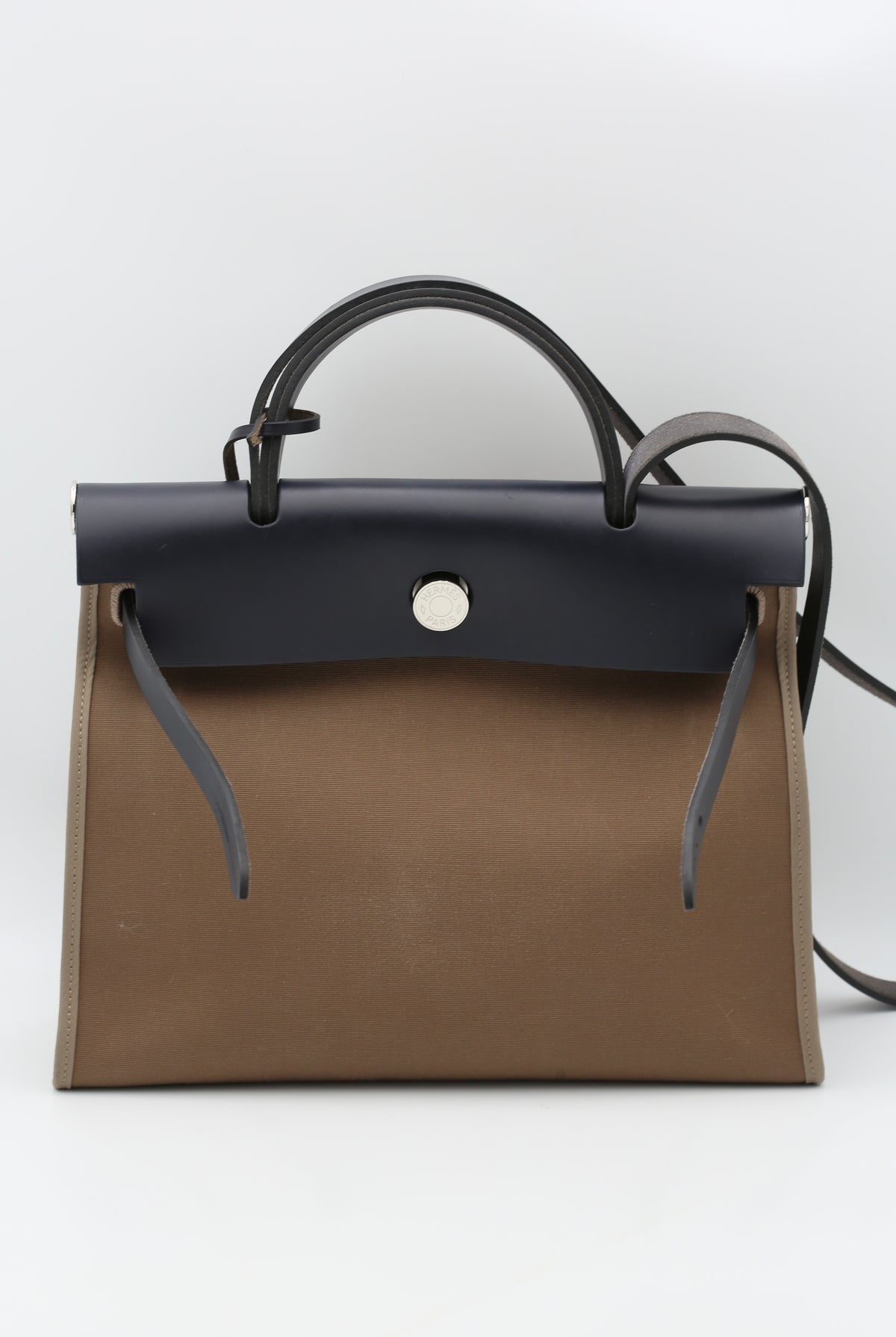 HERMÈS HERBAG 31 BAI BRUN & BLEU MARINE SILVER HARDWARE A STAMP