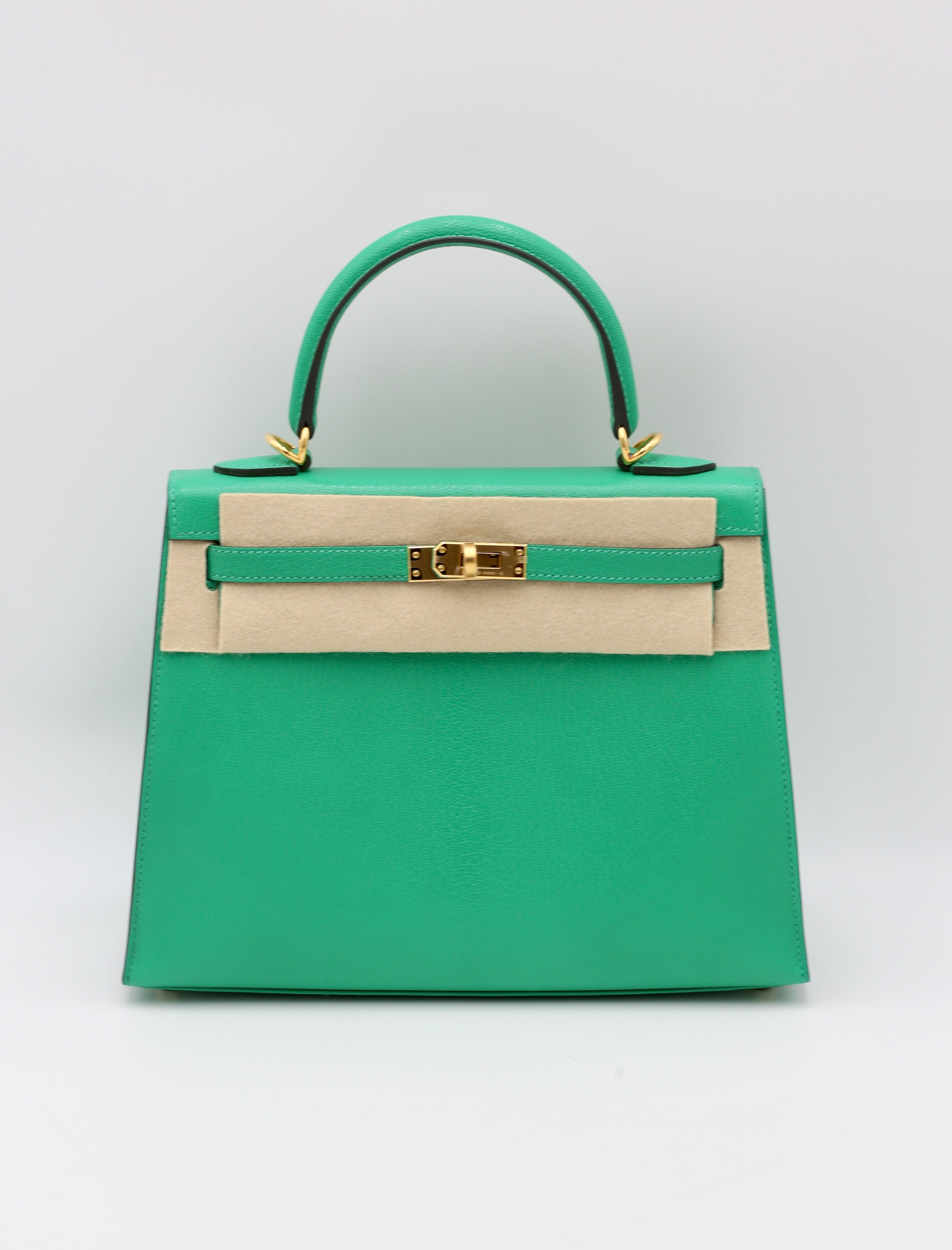 HERMÈS KELLY25 MENTHE SELLIER CHEVRE GOLD HARDWARE U STAMP