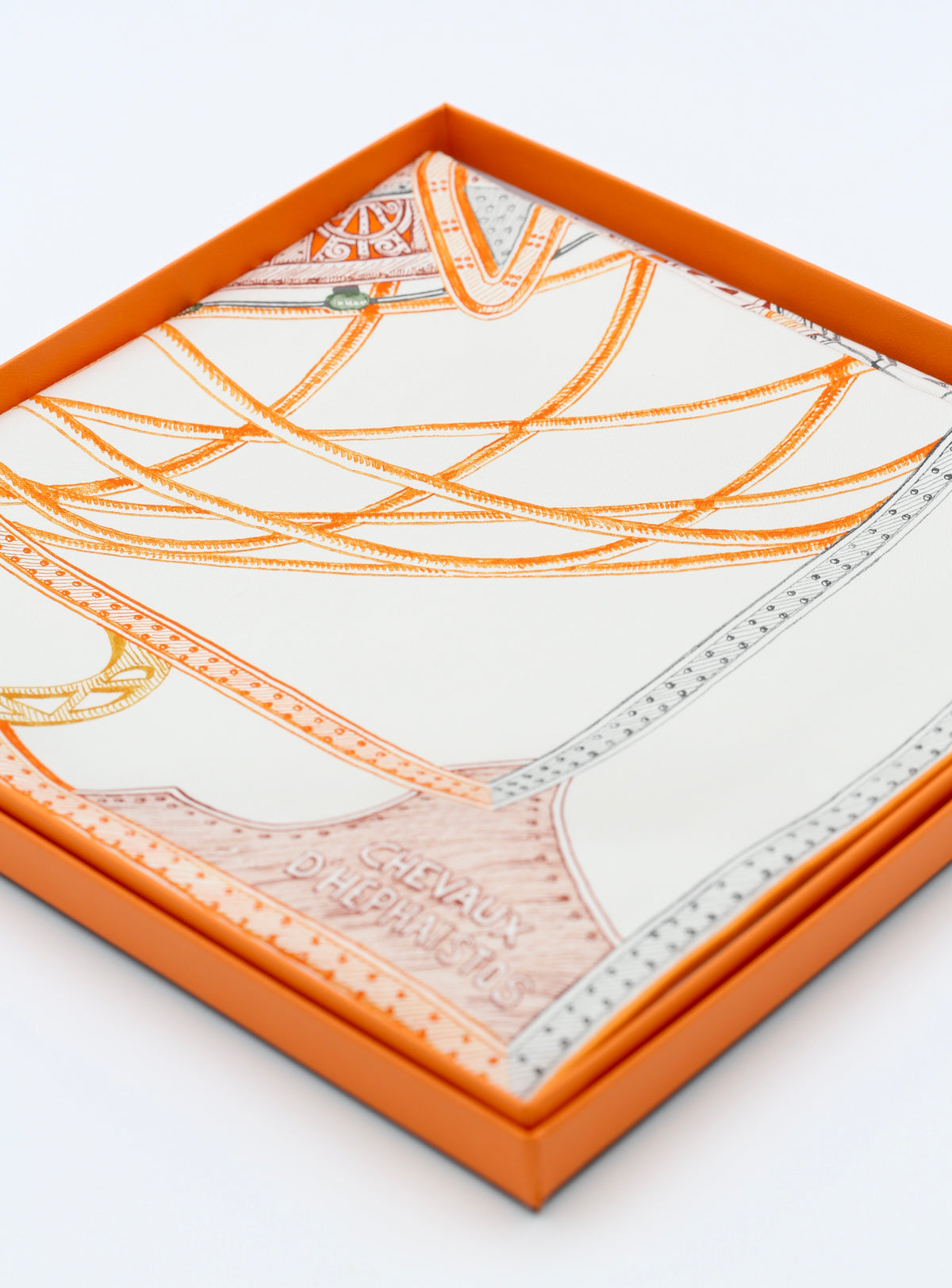 HERMÈS SCARF90X90 CARRE TWILL CHEVAUX D'HEPHAISTOS IG/GRIS PERLE/ORANGE