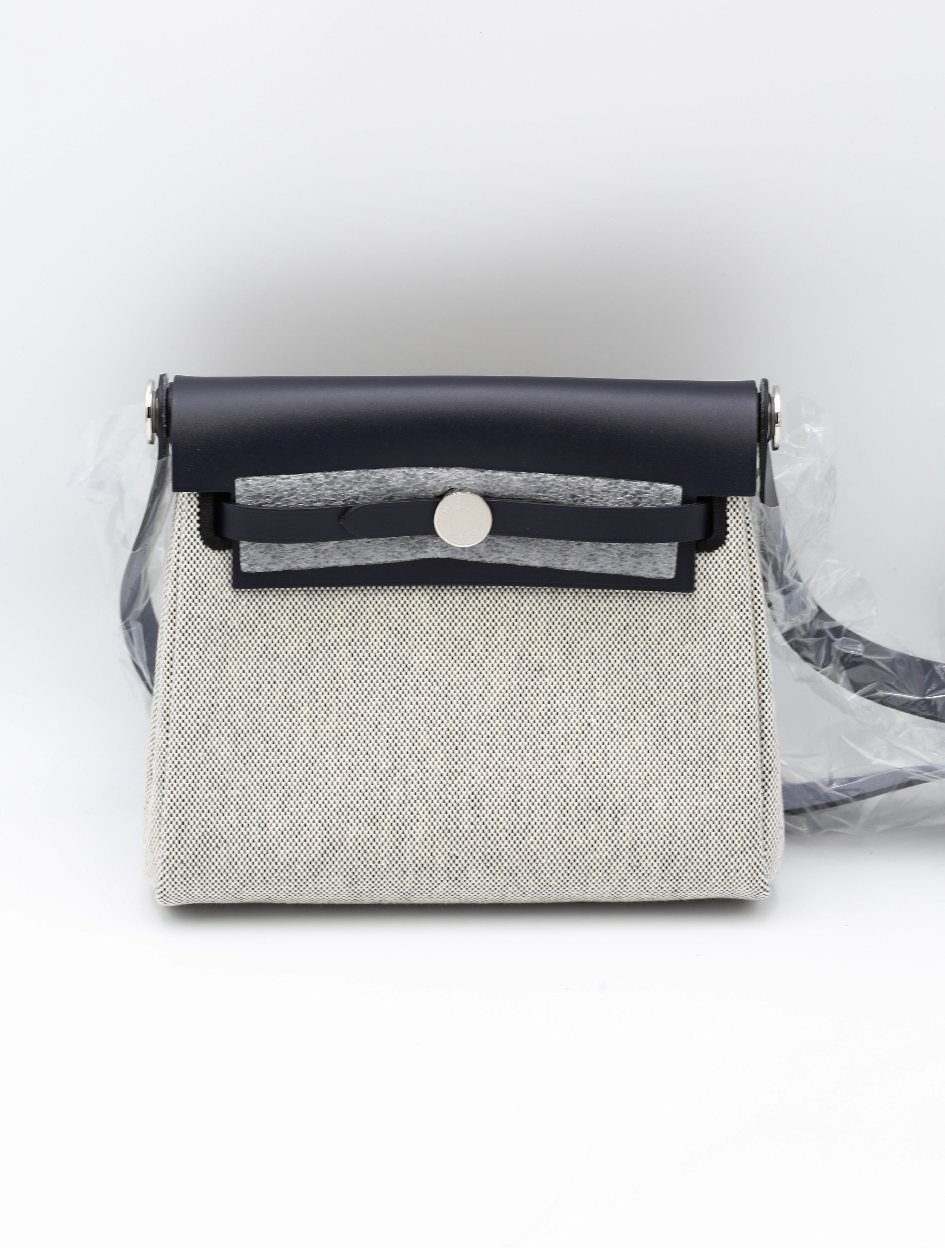HERMÈS MINI HERBAG CANVAS/COWHIDE ECRU-NOIR/BLEU INDIGO