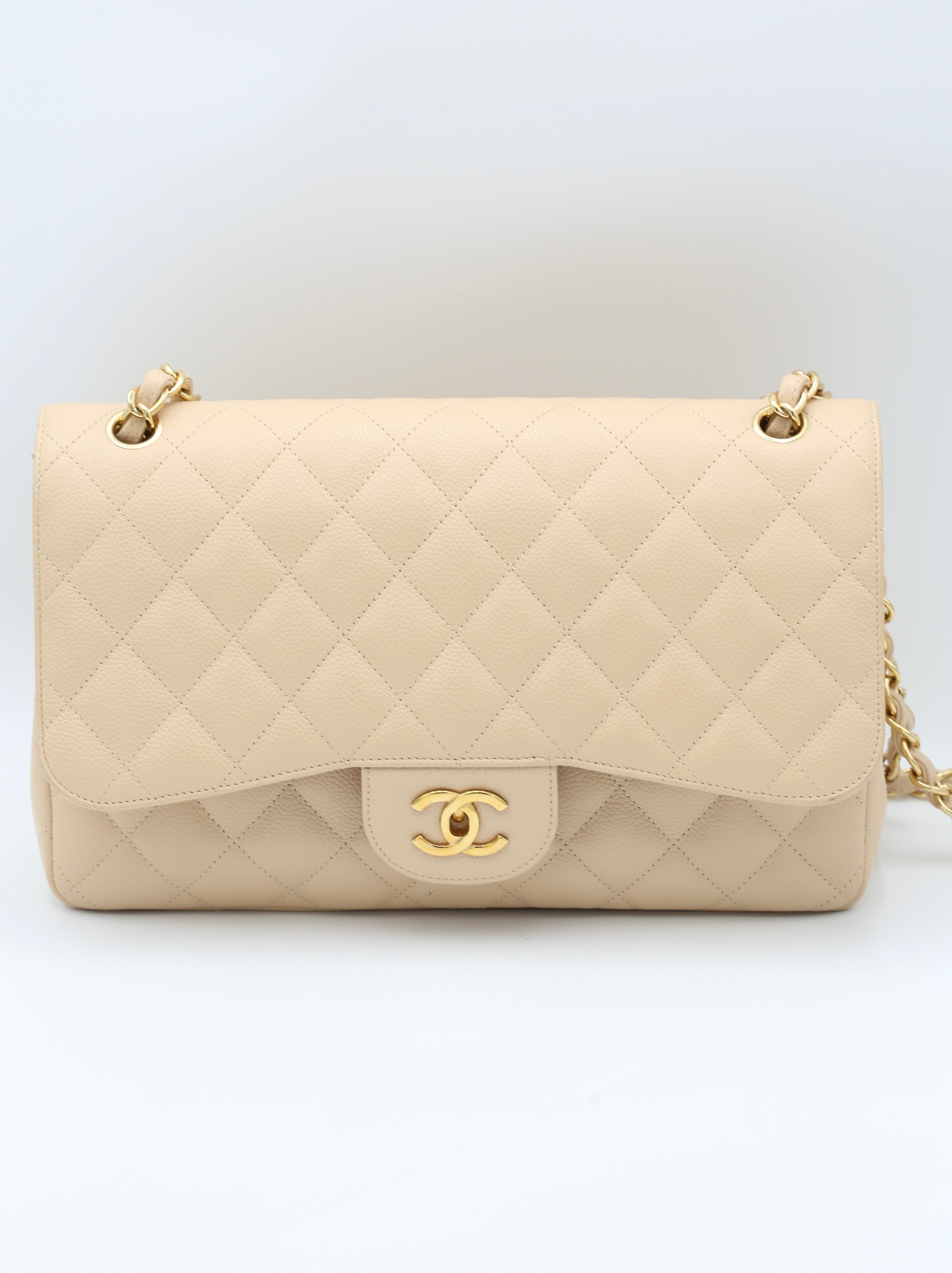 CHANEL CLASSIC DOUBLE FLAP JUMBO BEIGE GOLD HARDWARE