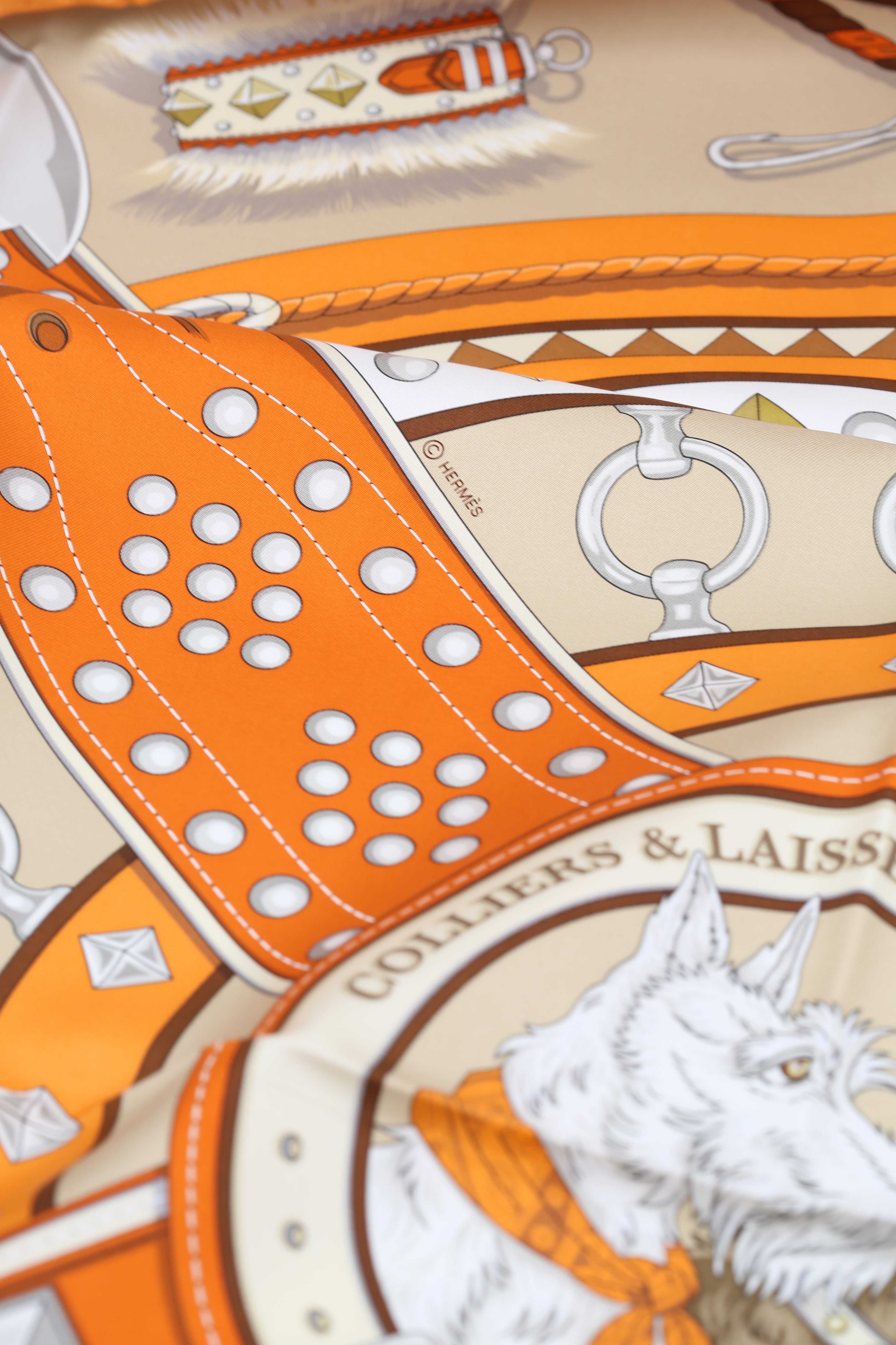 HERMÈS SCARF90X90 CARRE TWILL COLLIERS ET LAISSES ORANGE/CLAIR/ALEZA