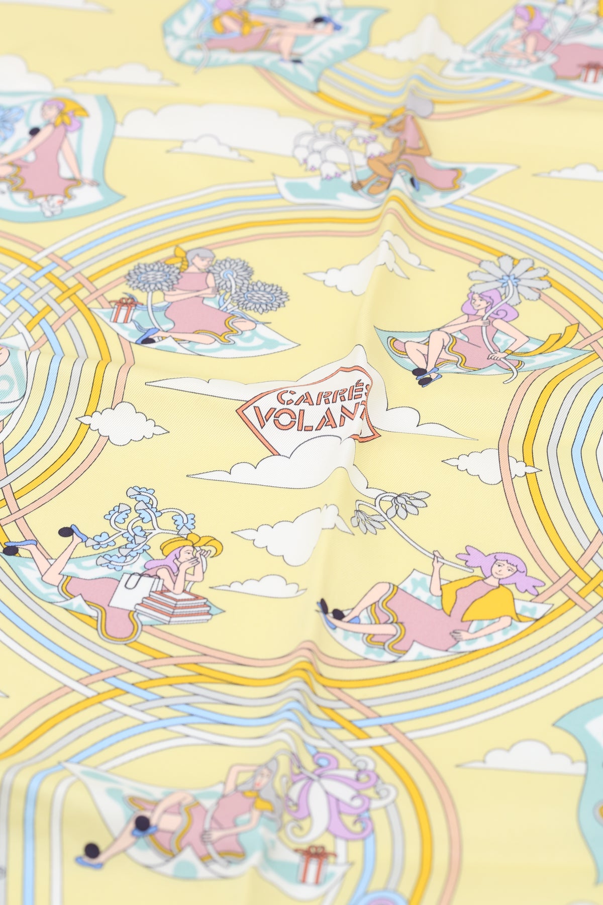 HERMÈS SCARF 70X70 CARRE SOIE VINTAGE CARRES VOLANTS JAUNE/SOUFRE/AQUA