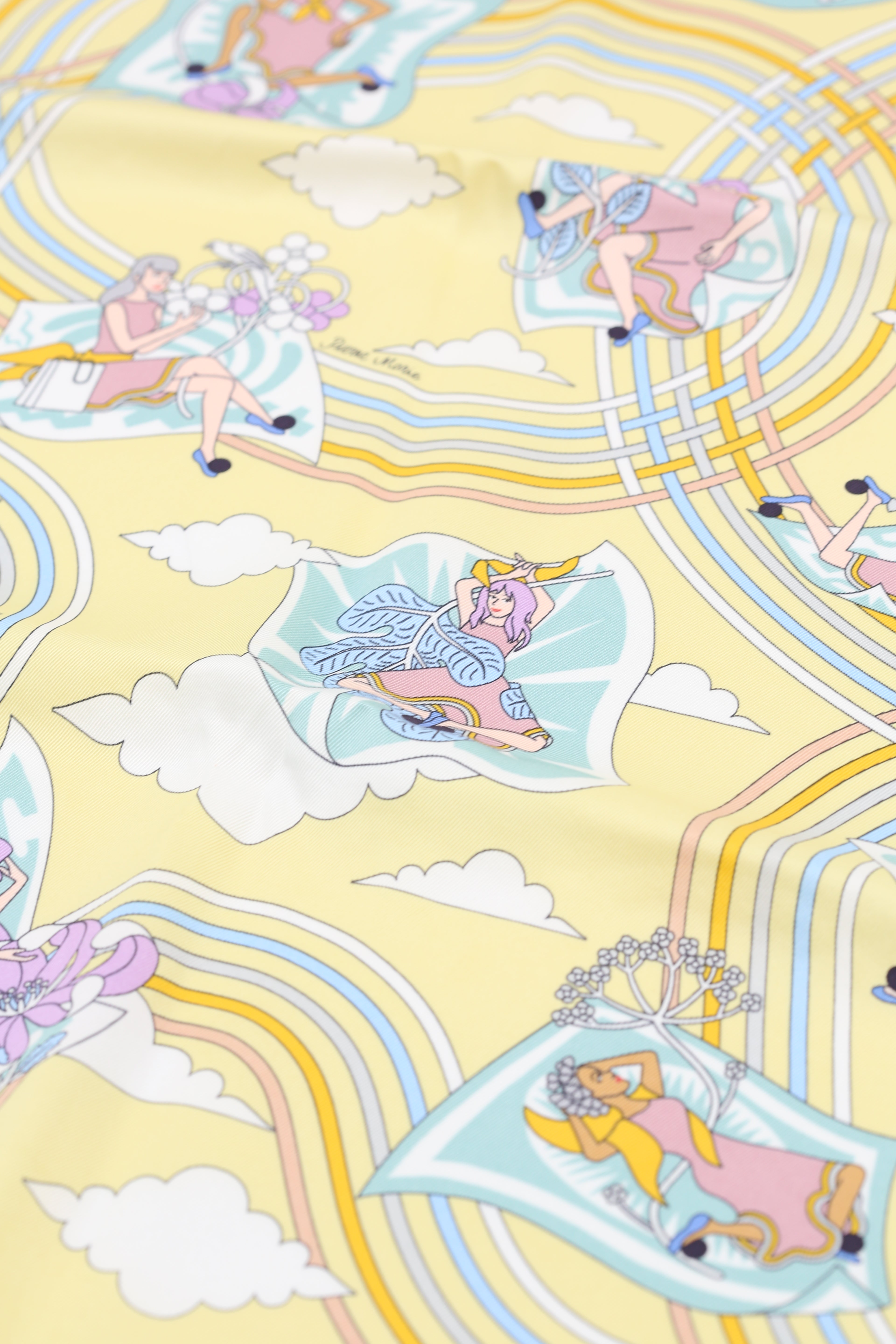 HERMÈS SCARF 70X70 CARRE SOIE VINTAGE CARRES VOLANTS JAUNE/SOUFRE/AQUA