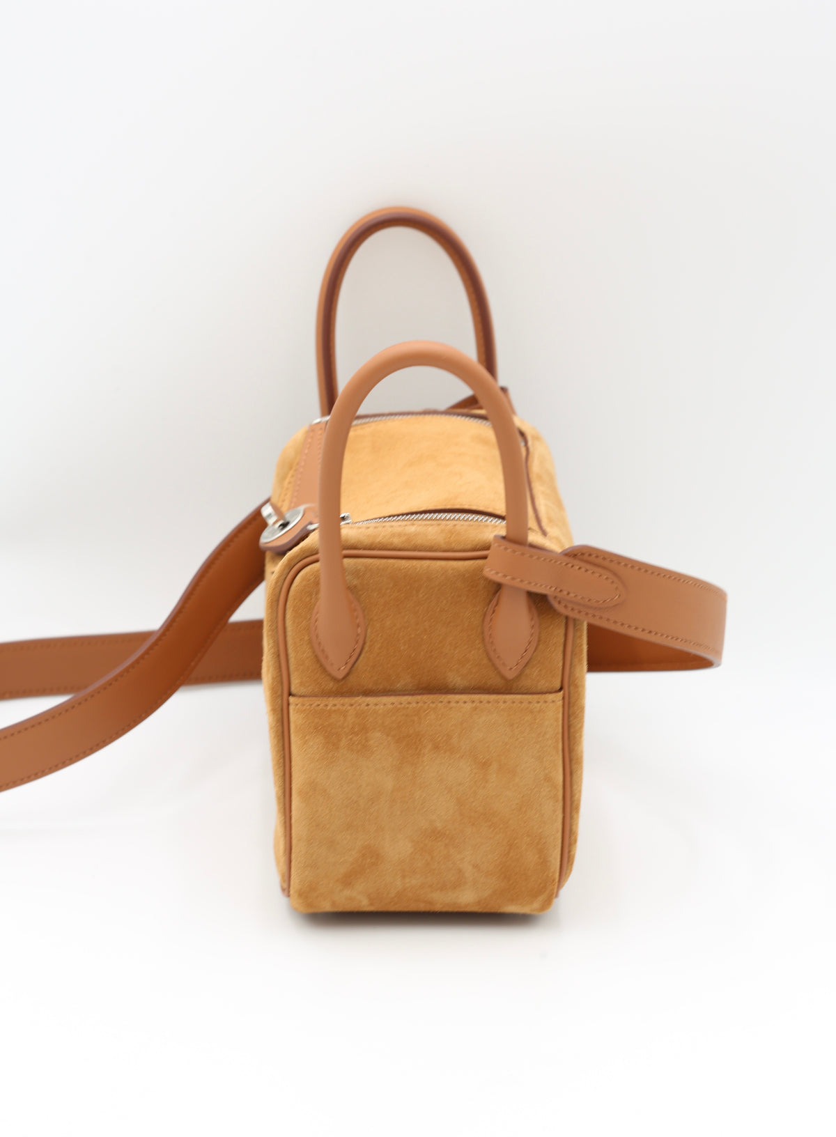 HERMÈS MINI LINDY GOLD GRIZZLY/SWIFT CALFSKIN CHAMOIS SILVER HARDWARE G STAMP