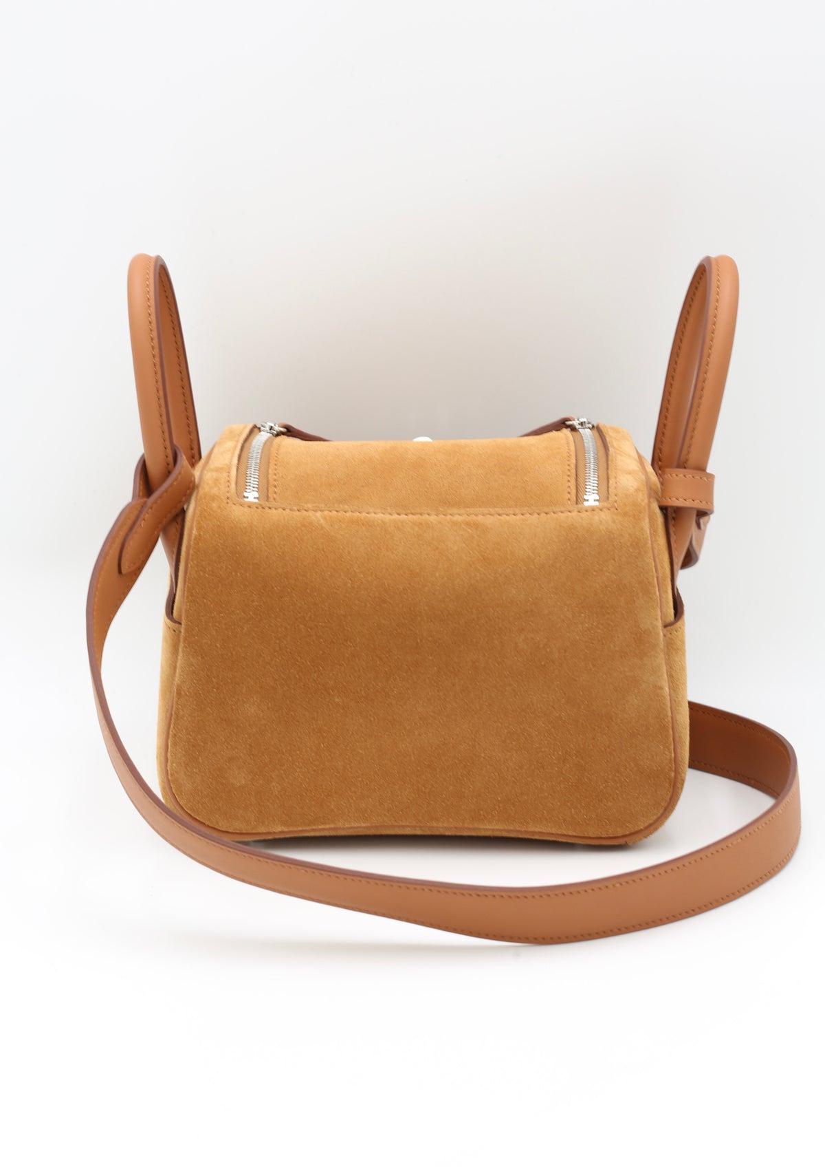HERMÈS MINI LINDY GOLD GRIZZLY/SWIFT CALFSKIN CHAMOIS SILVER HARDWARE G STAMP