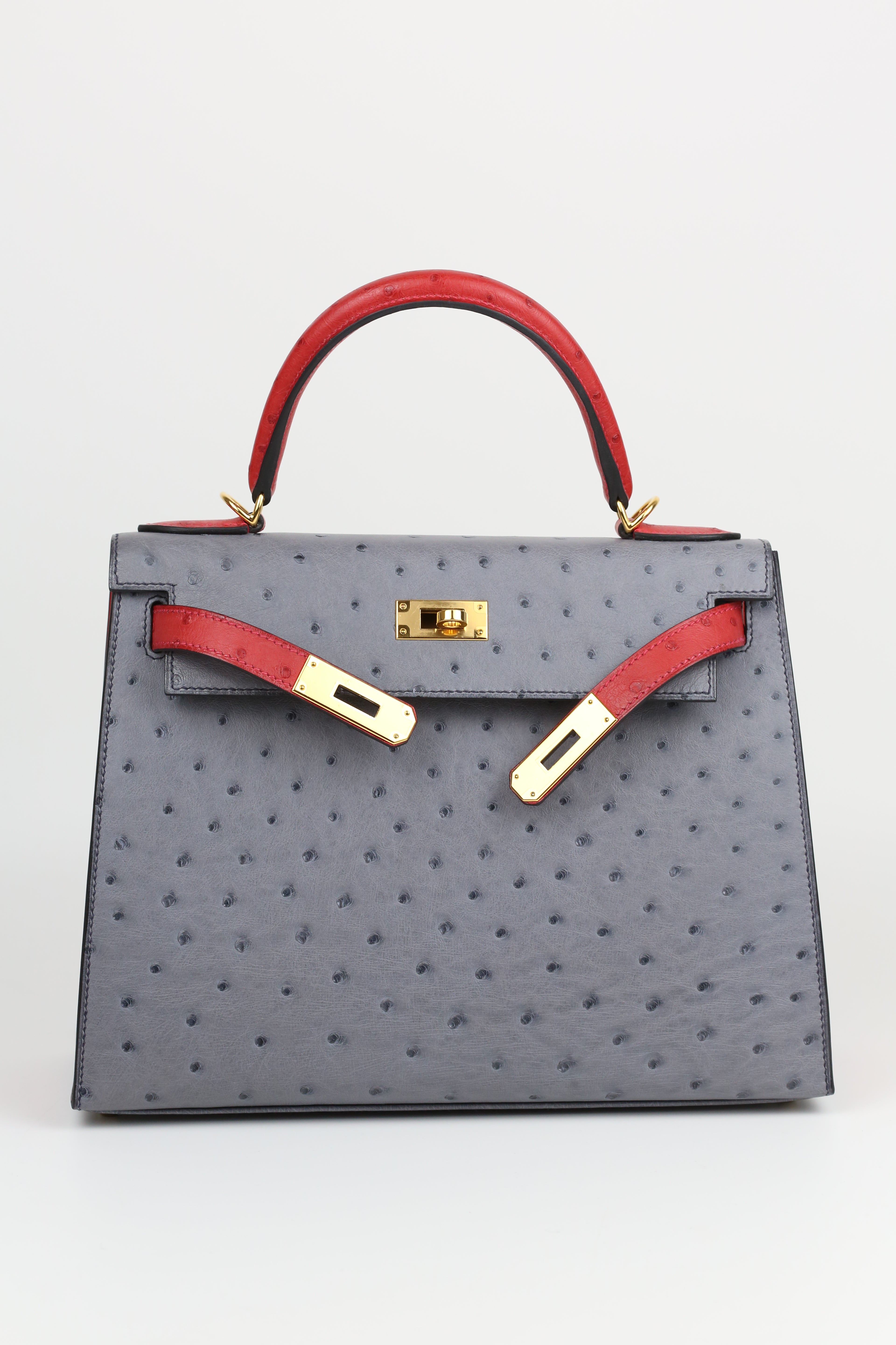 HERMÈS Kelly 28 Ostrich Gris Agathe Gold