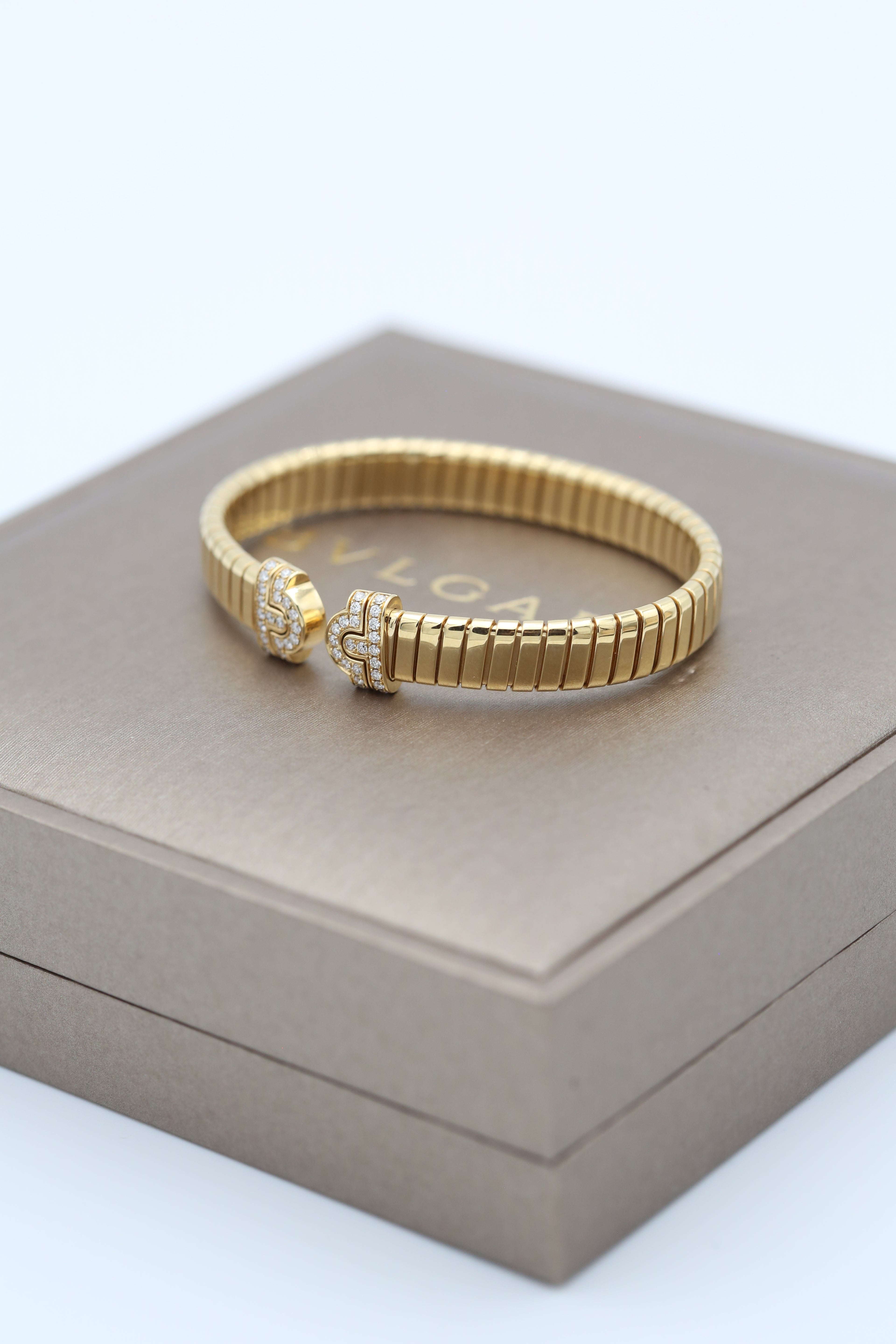 BVLGARI TUBOGAS BRACELET 18K YELLOW GOLD 0.35 TCW DIAMOND CUFF