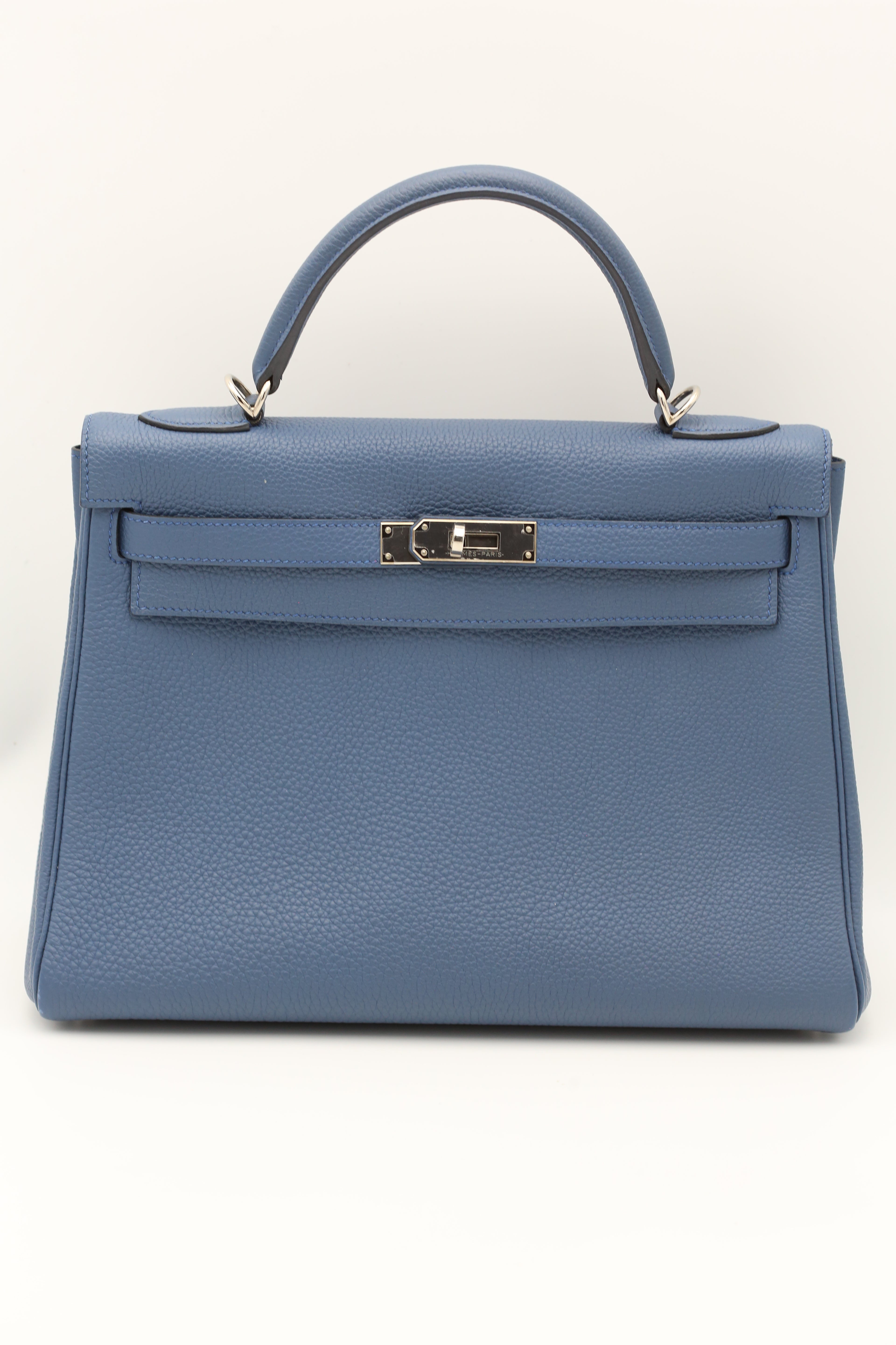 HERMÈS KELLY32 BLEU TIE TOGO SILVER X STAMP