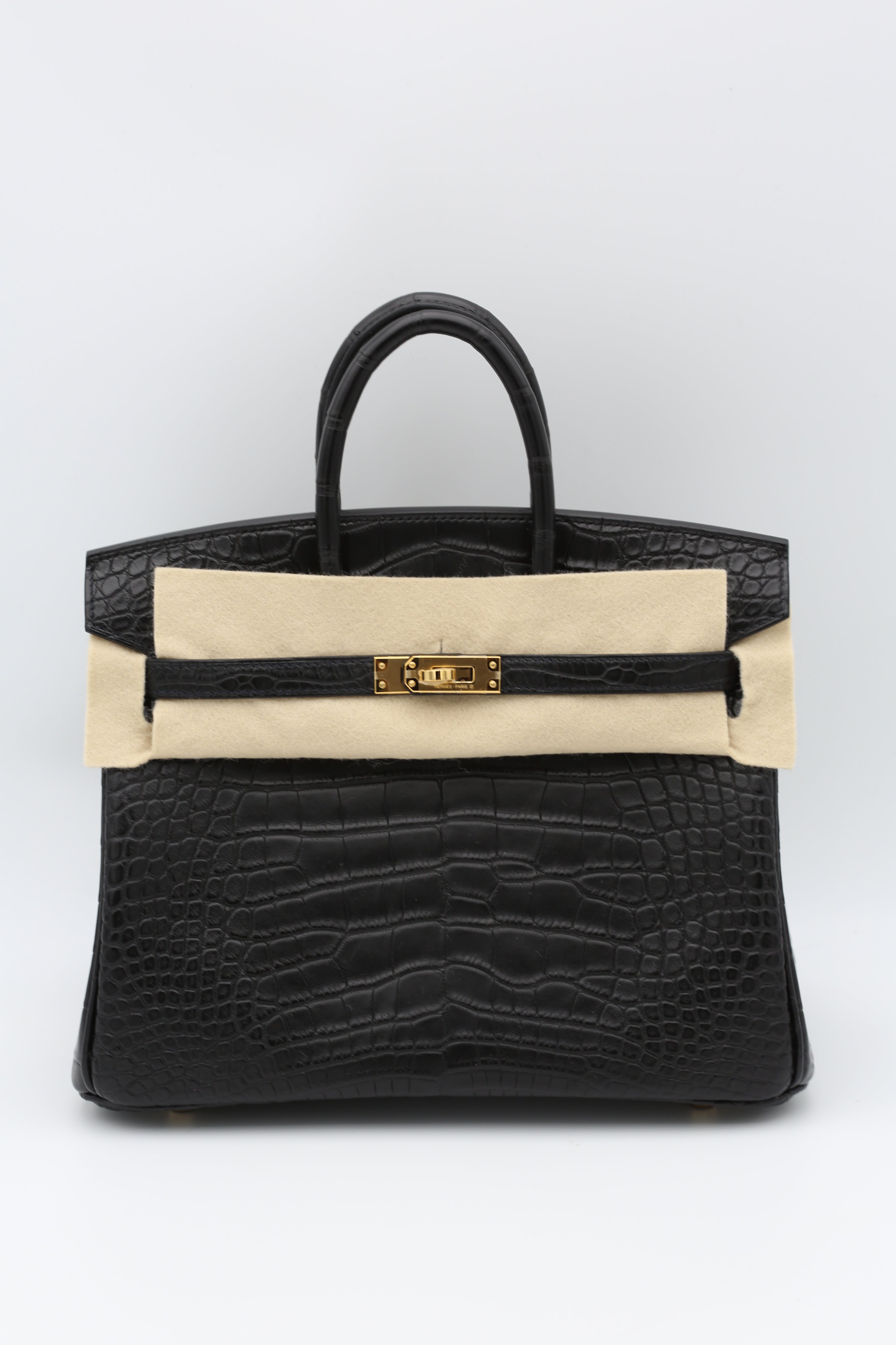 HERMÈS BIRKIN25 BLACK MATTE ALLIGATOR GOLD HARDWARE G STAMP