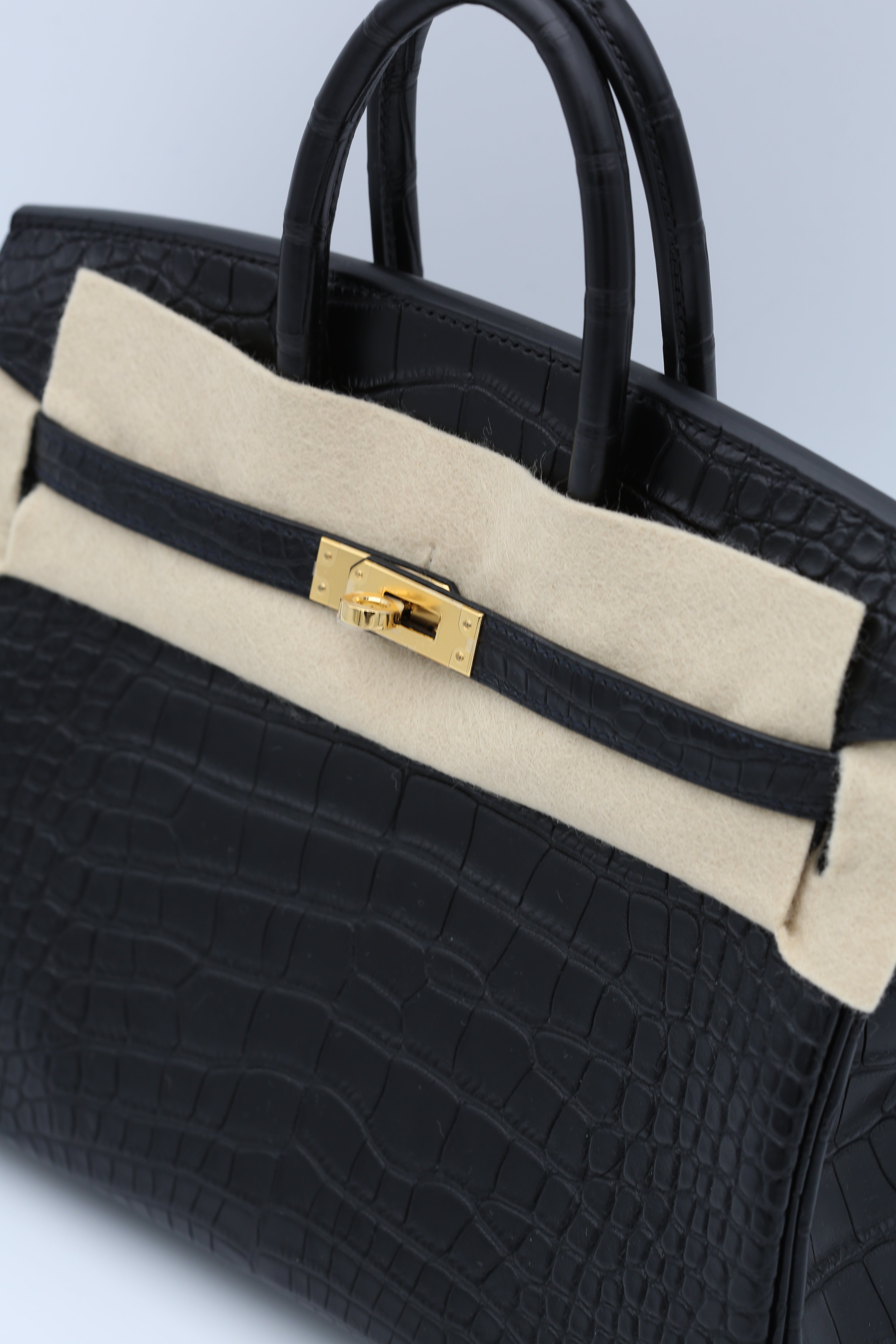 HERMÈS BIRKIN25 BLACK MATTE ALLIGATOR GOLD HARDWARE G STAMP