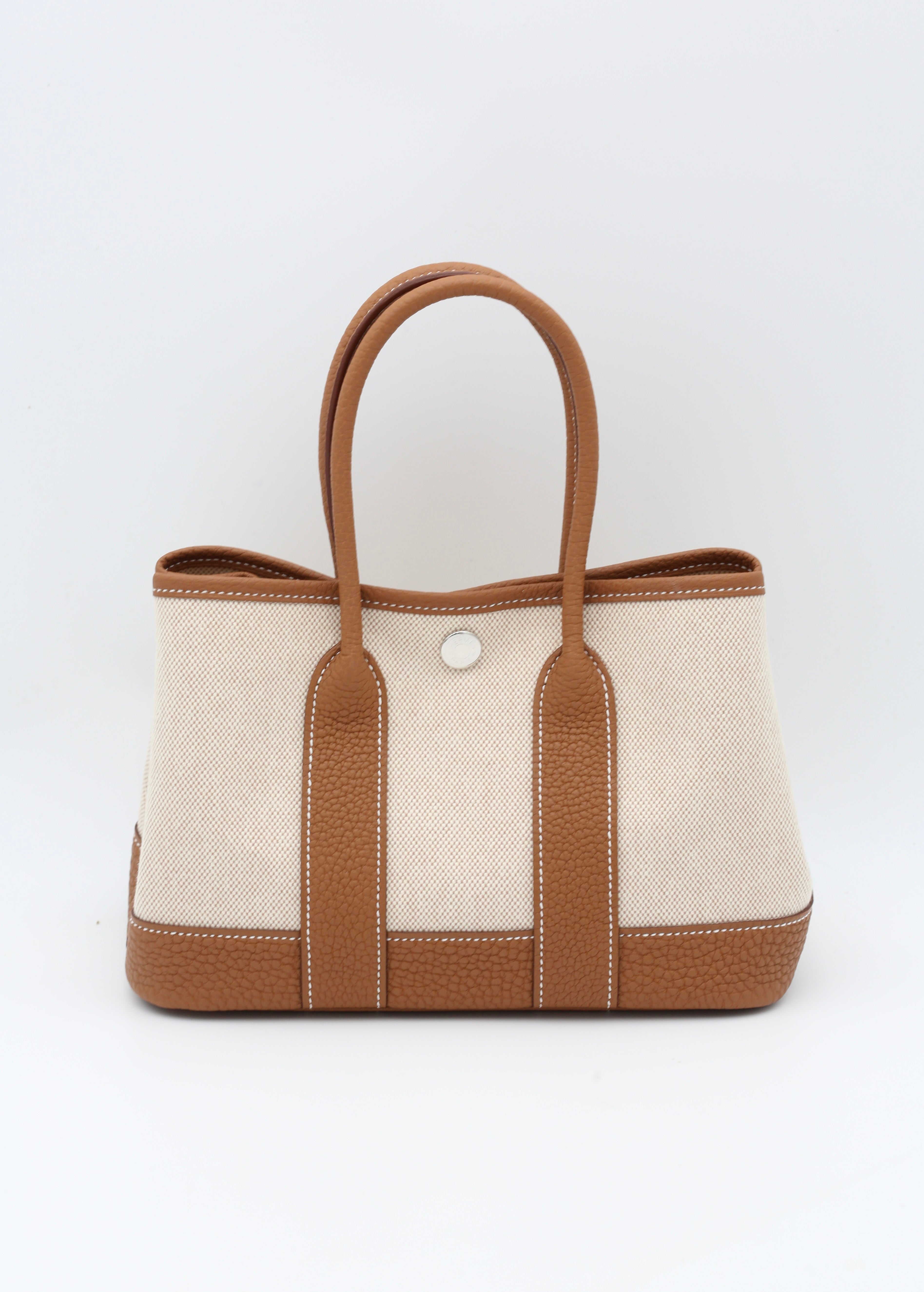 HERMÈS MINI GARDEN PARTY GOLD CANVAS TAURILLON CLEMENCE SILVER HARDWARE K STAMP