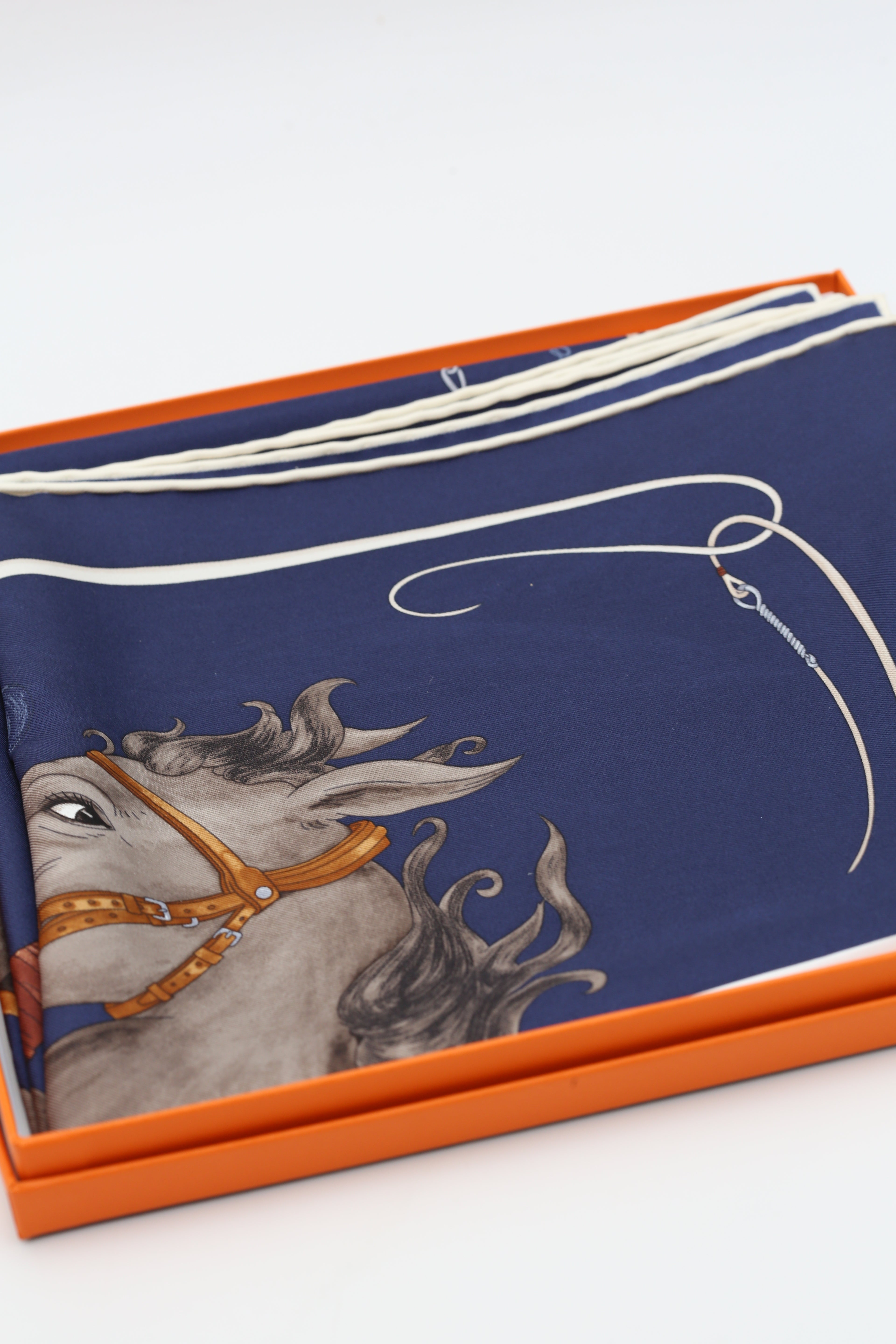 HERMÈS SCARF 90X90 DARK BLUE WITH HORSE