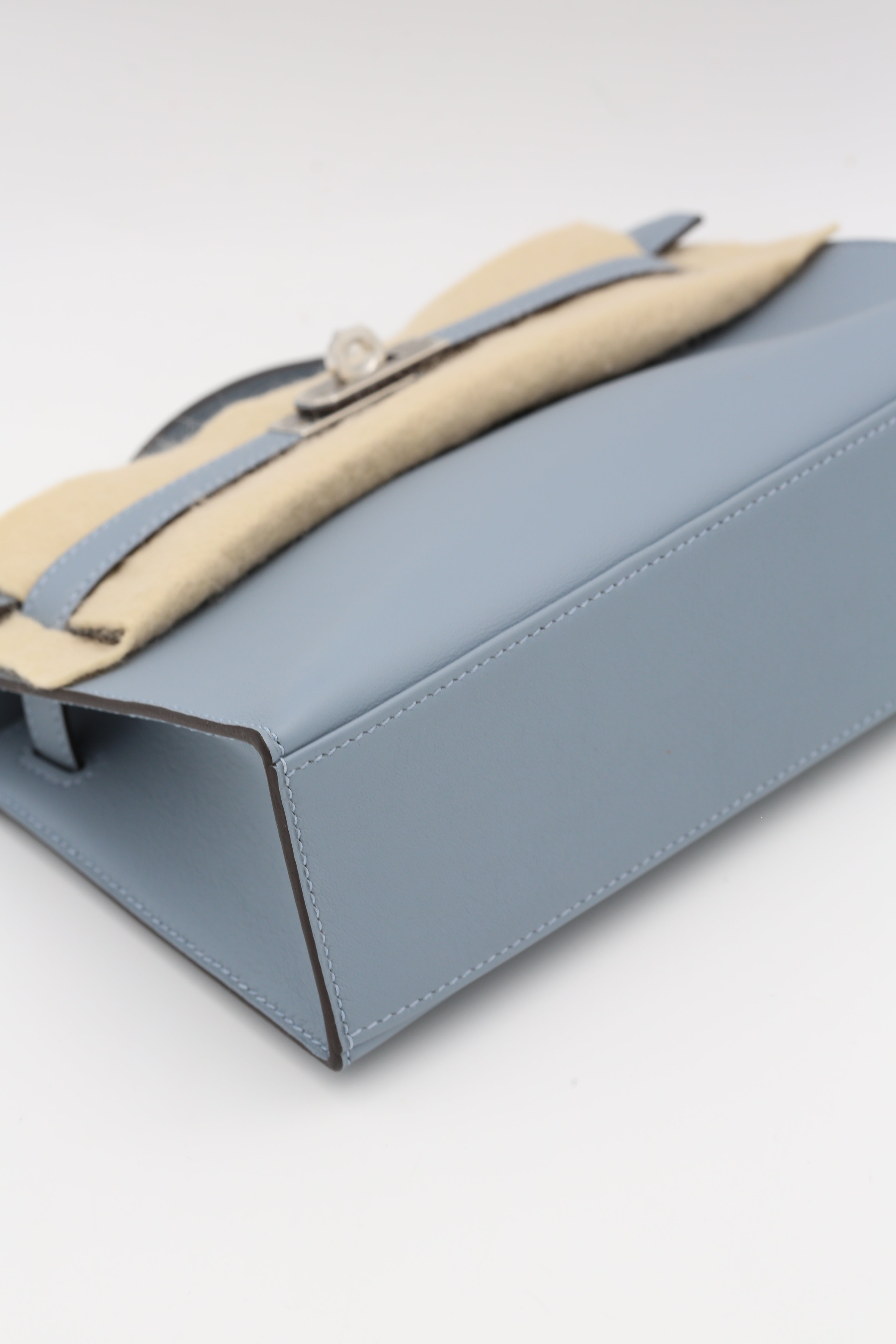 HERMÈS KELLY POCHETTE BLEU LIN SWIFT SILVER HARDWARE W STAMP