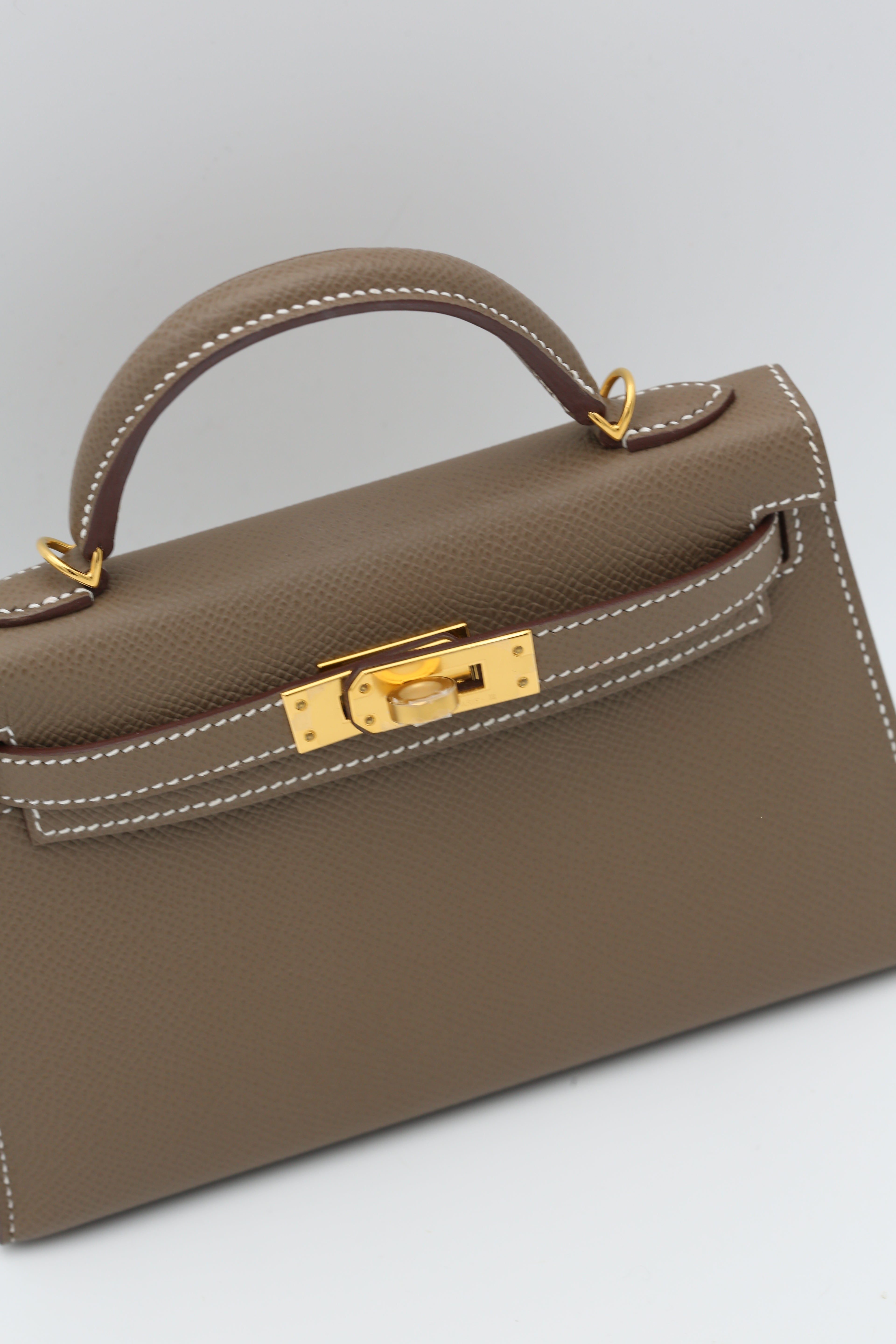 HERMÈS MINI KELLY II ETOUPE WHITE SELLIER EPSOM GOLD HARDWARE B STAMP