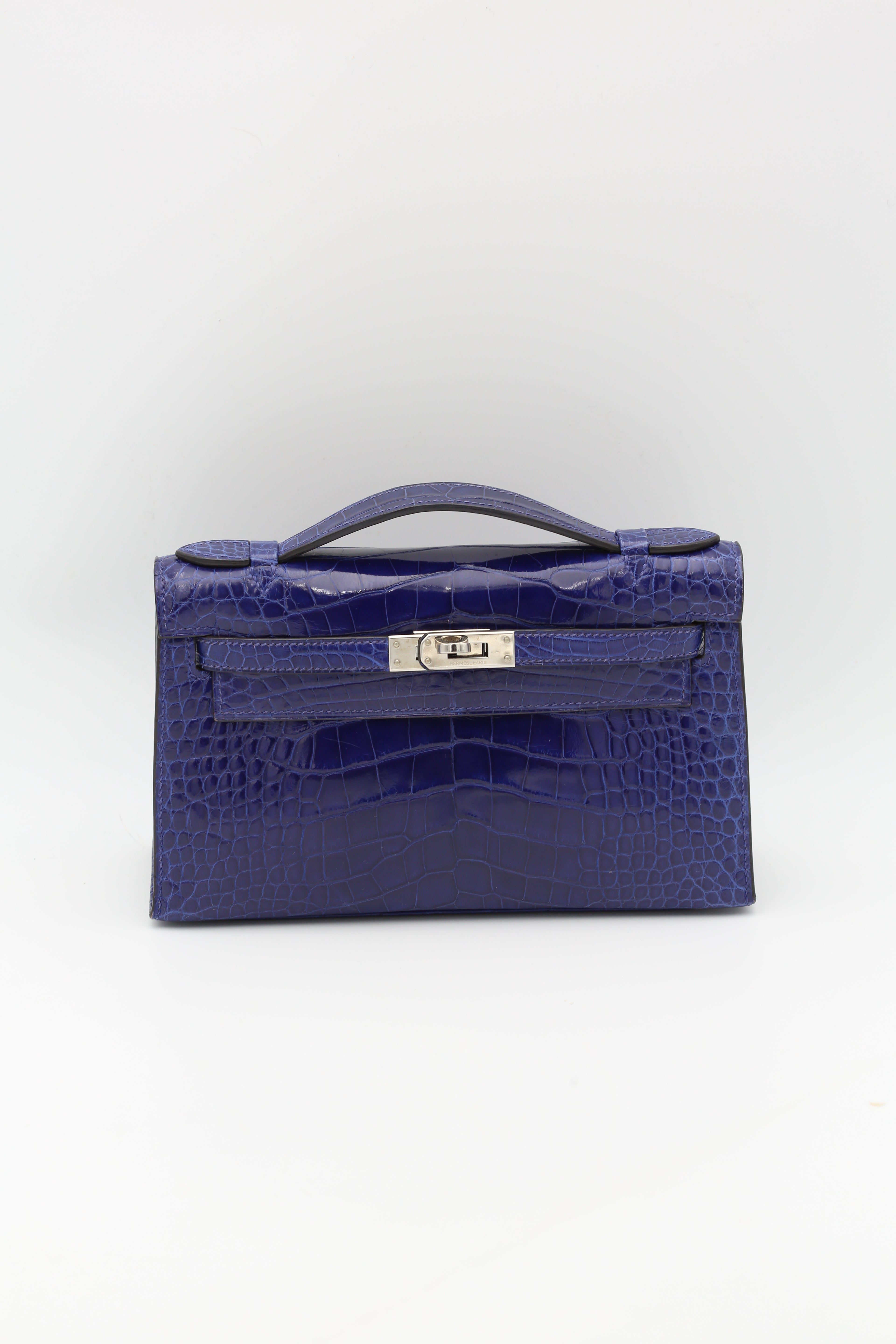 HERMÈS KELLY POCHETTE BLEU ELECTRIQUE SHINY ALLIGATOR SILVER HARDWARE SQUARE Q STAMP