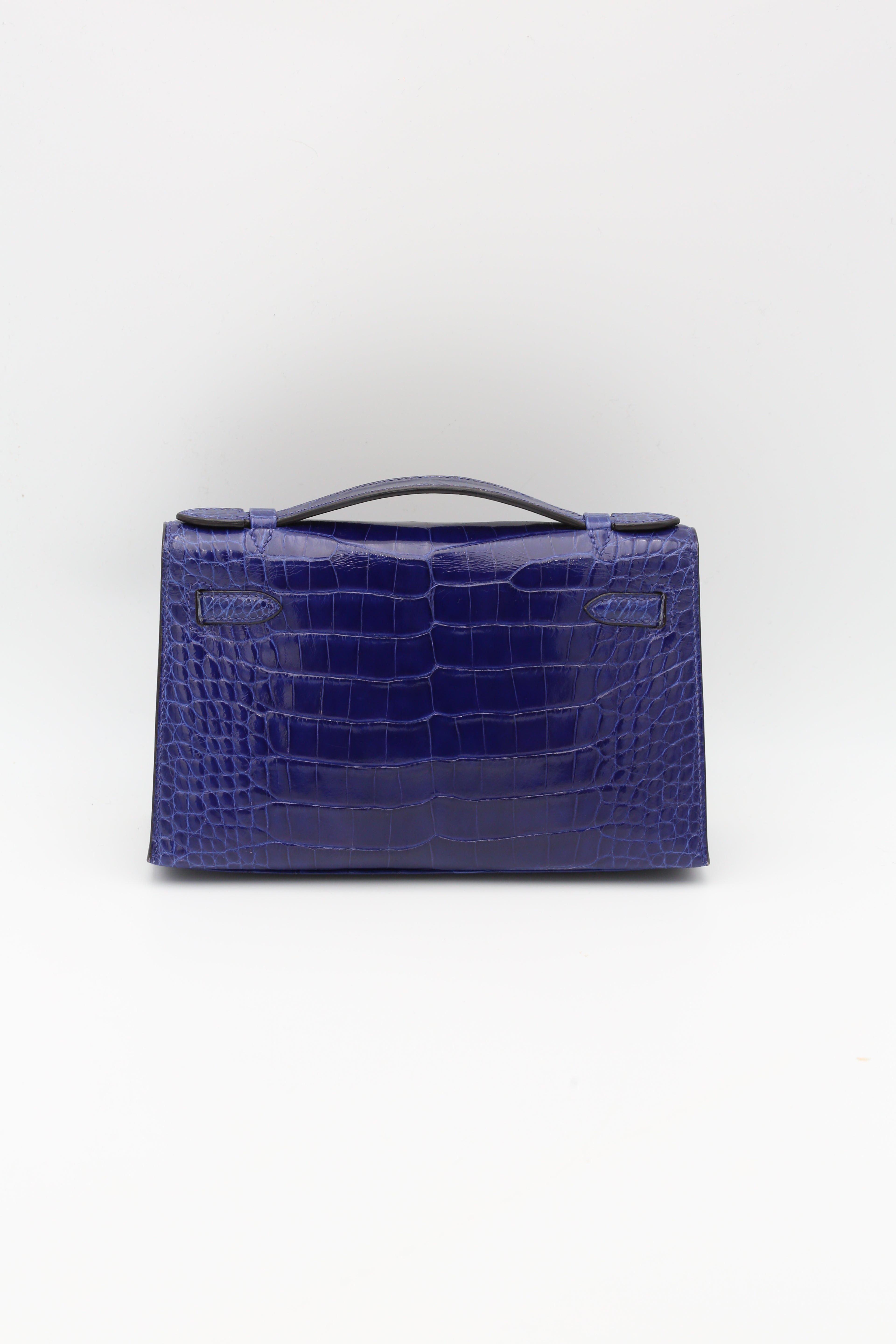HERMÈS KELLY POCHETTE BLEU ELECTRIQUE SHINY ALLIGATOR SILVER HARDWARE SQUARE Q STAMP
