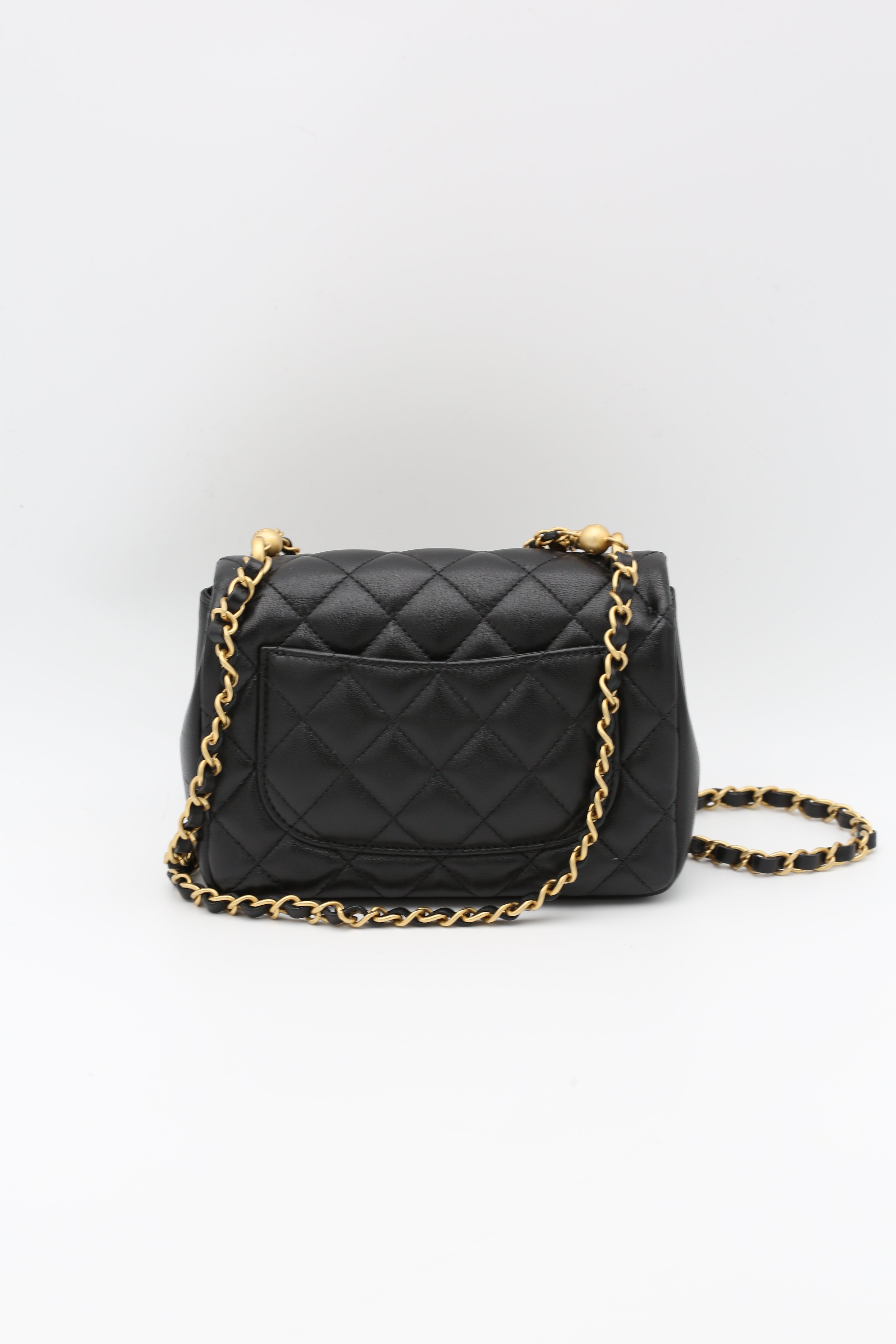 CHANEL MINI SQUARE FLAP BAG PEARL BLACK GOLD HARDWARE