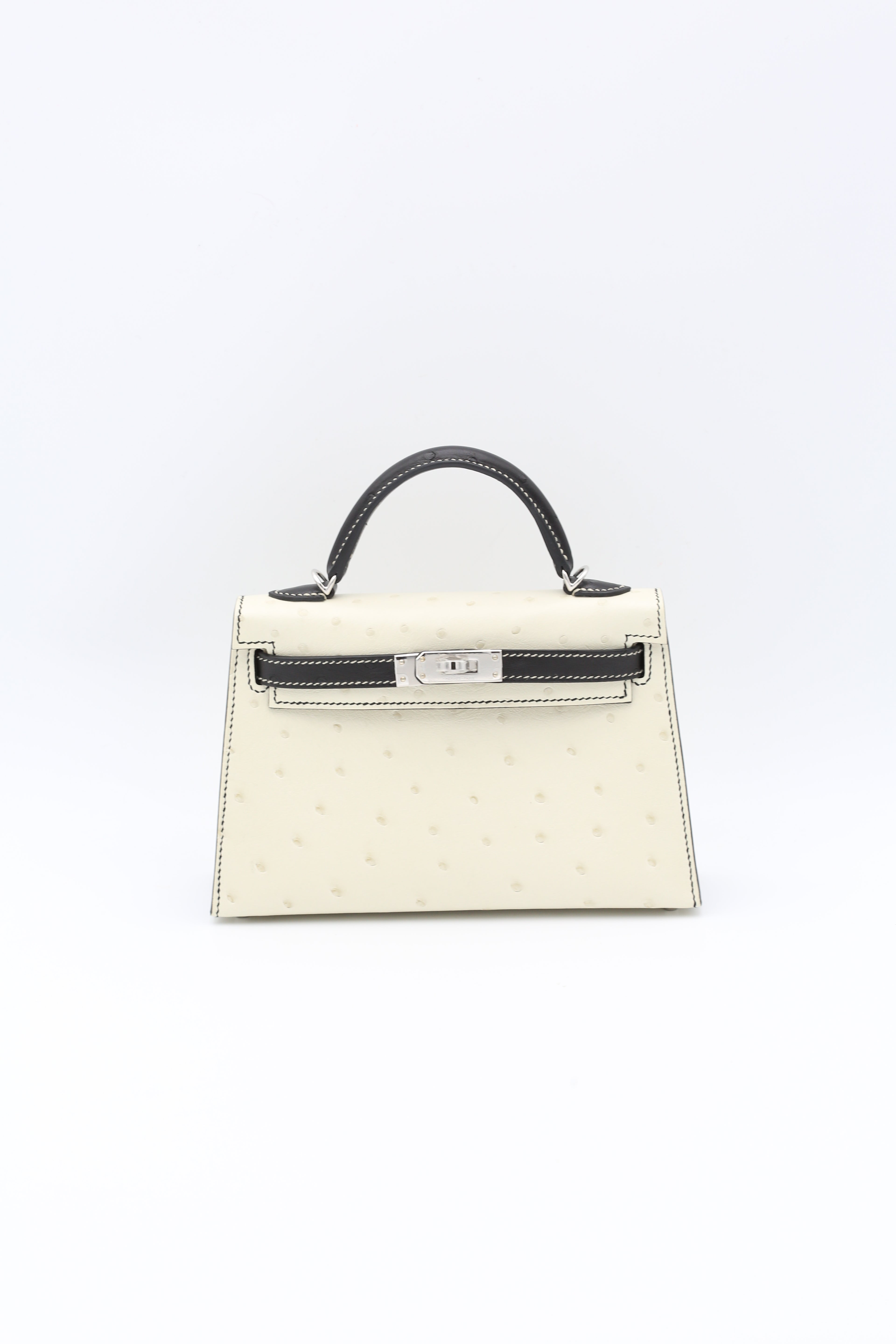 HERMÈS MINI KELLY II OSTRICH BLACK & WHITE SILVER HARDWARE W STAMP