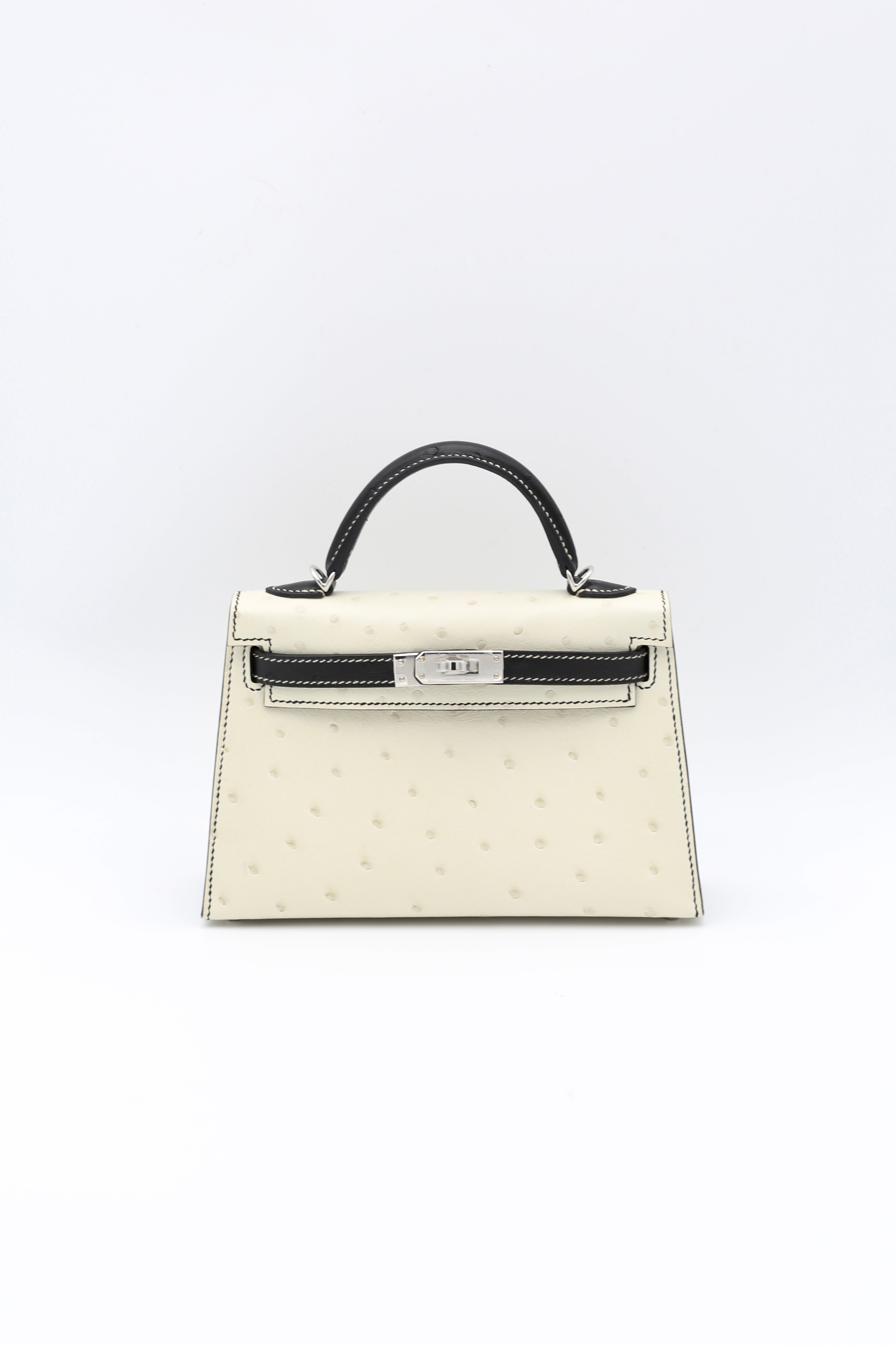 HERMÈS MINI KELLY II OSTRICH BLACK & WHITE SILVER HARDWARE W STAMP