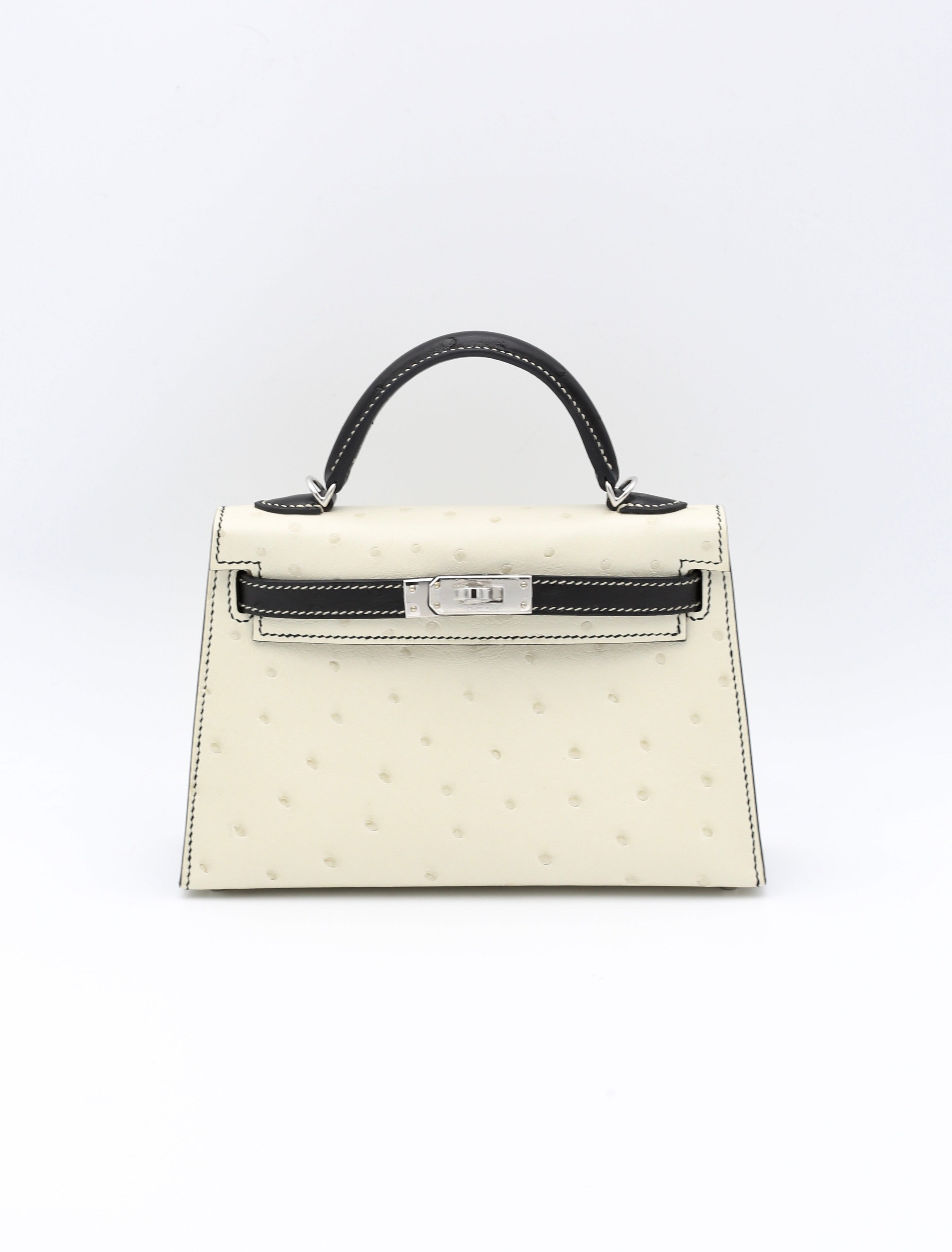 HERMÈS MINI KELLY II OSTRICH BLACK & WHITE SILVER HARDWARE W STAMP