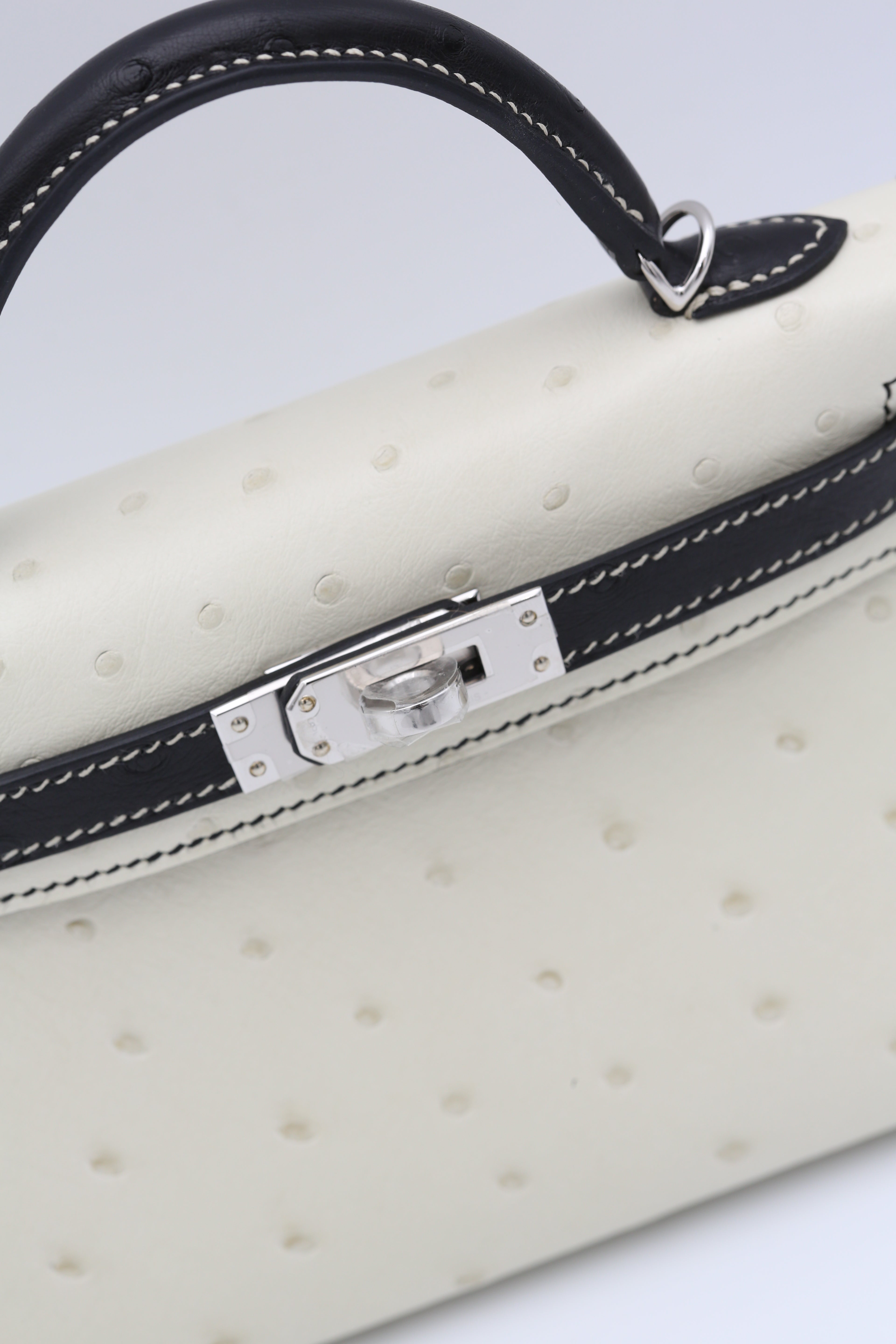 HERMÈS MINI KELLY II OSTRICH BLACK & WHITE SILVER HARDWARE W STAMP