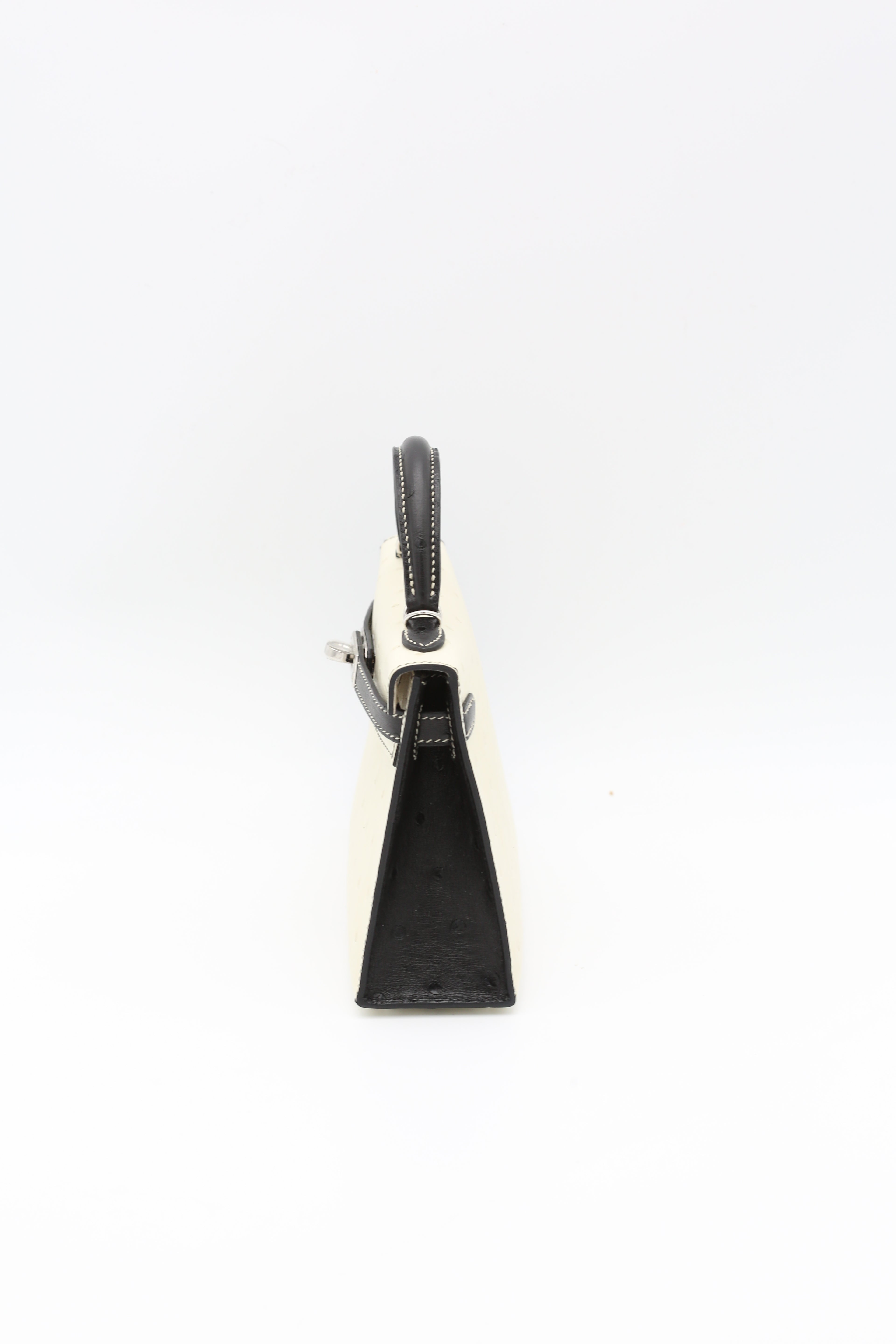 HERMÈS MINI KELLY II OSTRICH BLACK & WHITE SILVER HARDWARE W STAMP