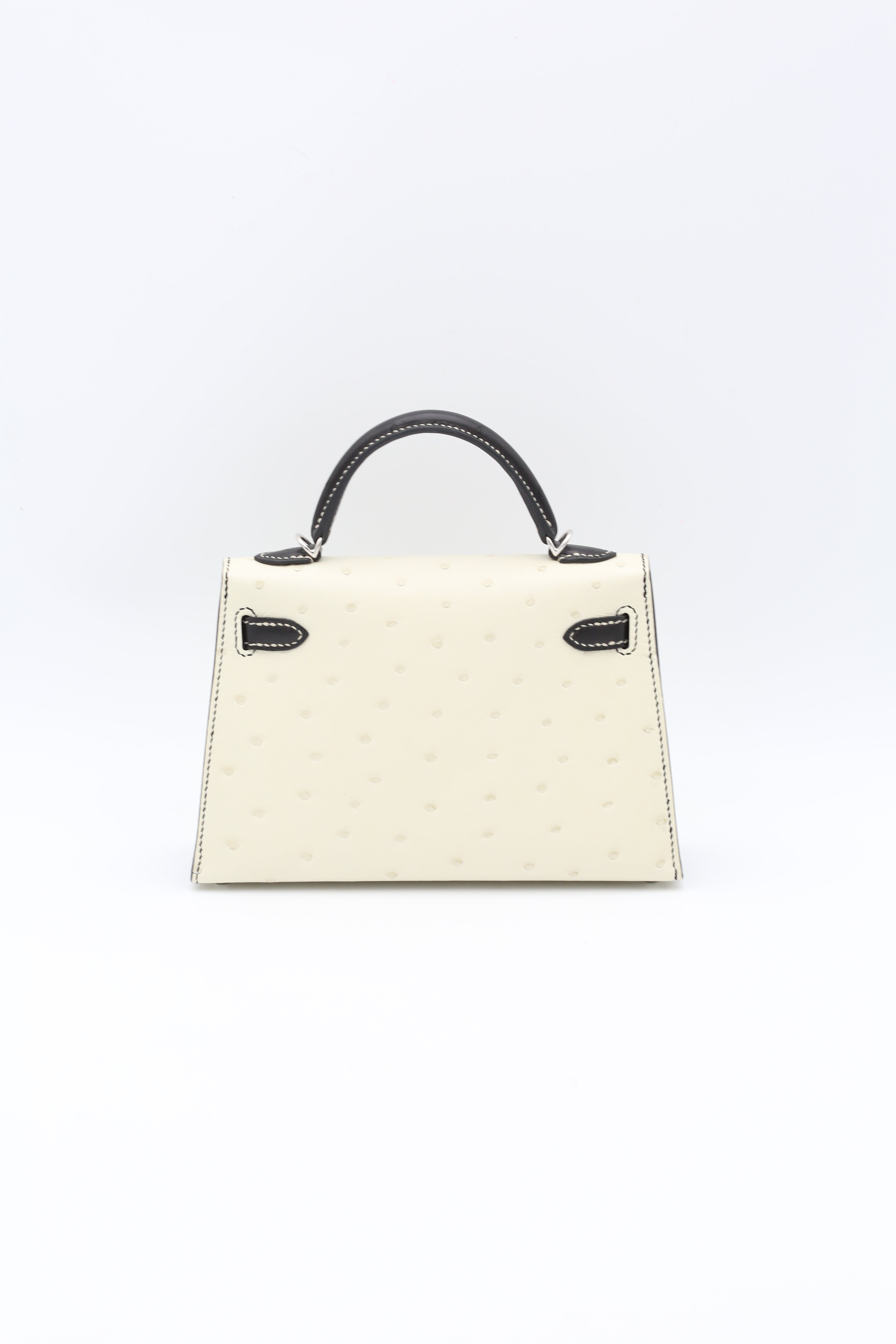HERMÈS MINI KELLY II OSTRICH BLACK & WHITE SILVER HARDWARE W STAMP