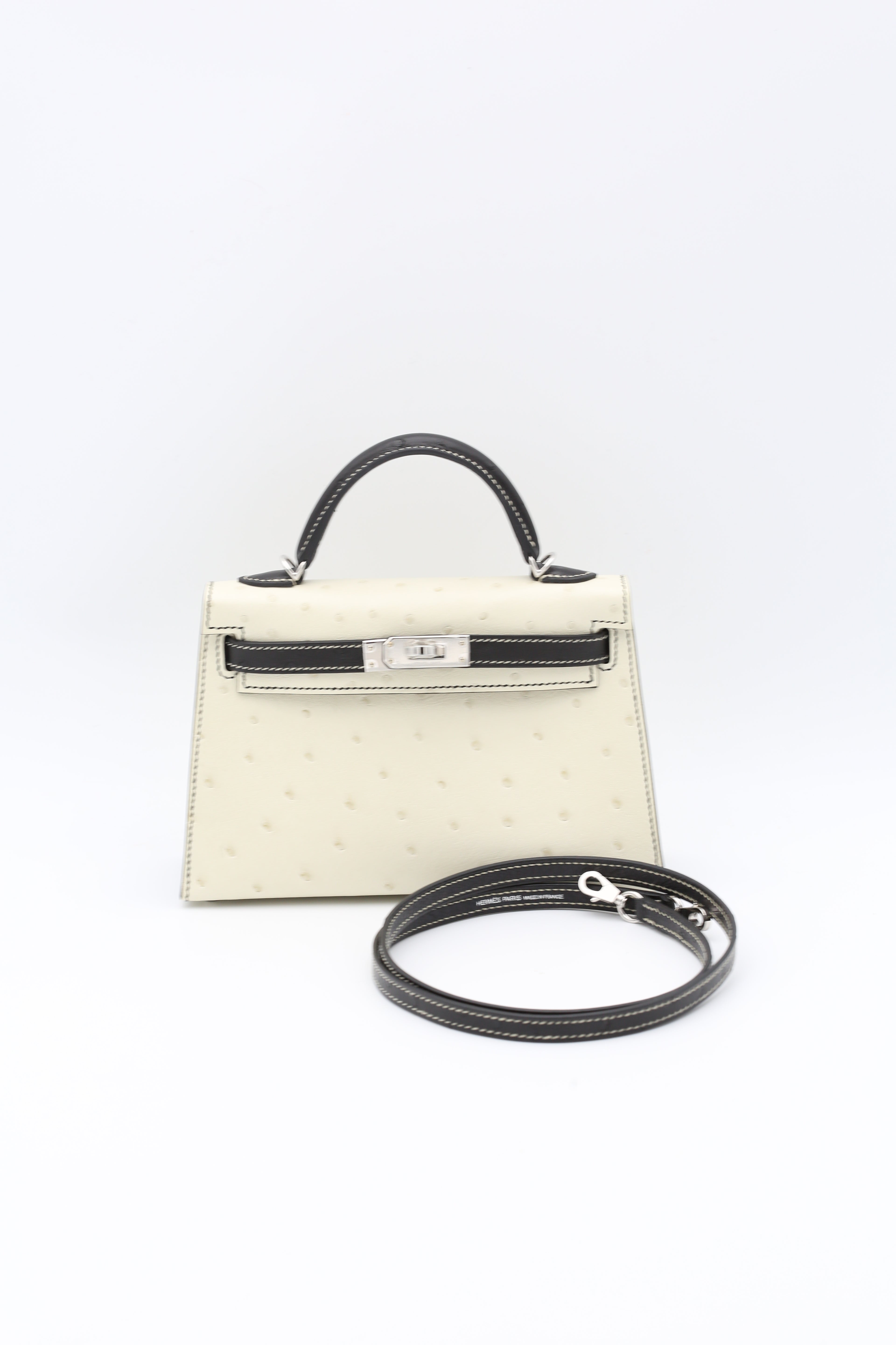 HERMÈS MINI KELLY II OSTRICH BLACK & WHITE SILVER HARDWARE W STAMP