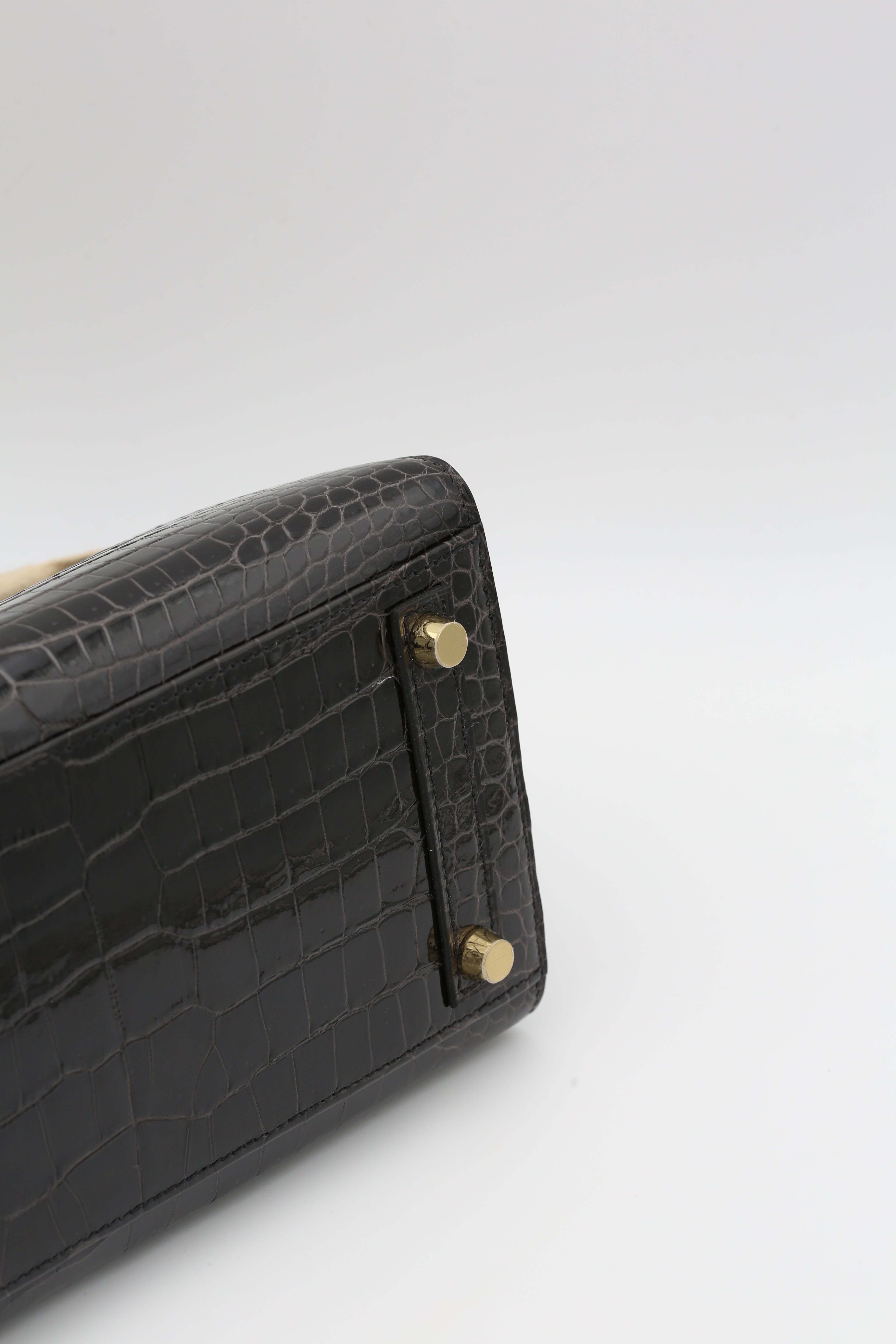 HERMÈS BIRKIN25 SELLIER 88 GRAPHITE SHINY ALLIGATOR GOLD HARDWARE U STAMP