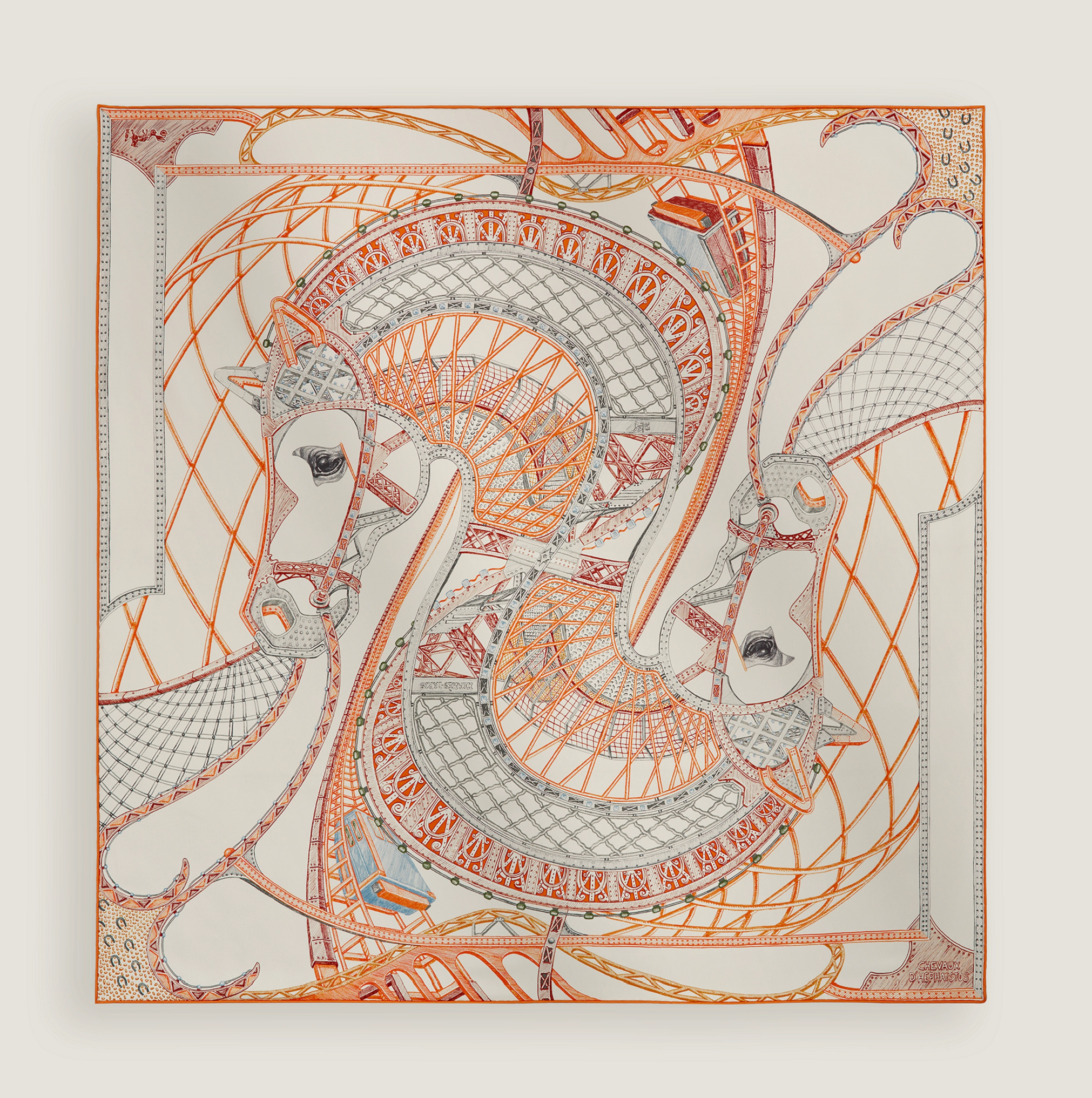 HERMÈS SCARF90X90 CARRE TWILL CHEVAUX D'HEPHAISTOS IG/GRIS PERLE/ORANGE